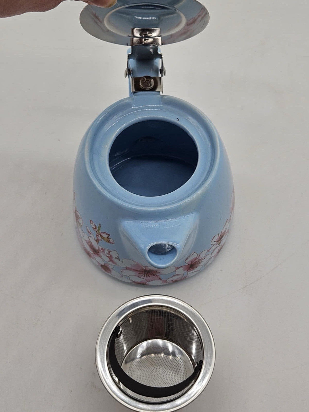 Alfred Ceramic Light Blue Floral Cherry Blossoms Stainless Steel Tea Pot Kettle