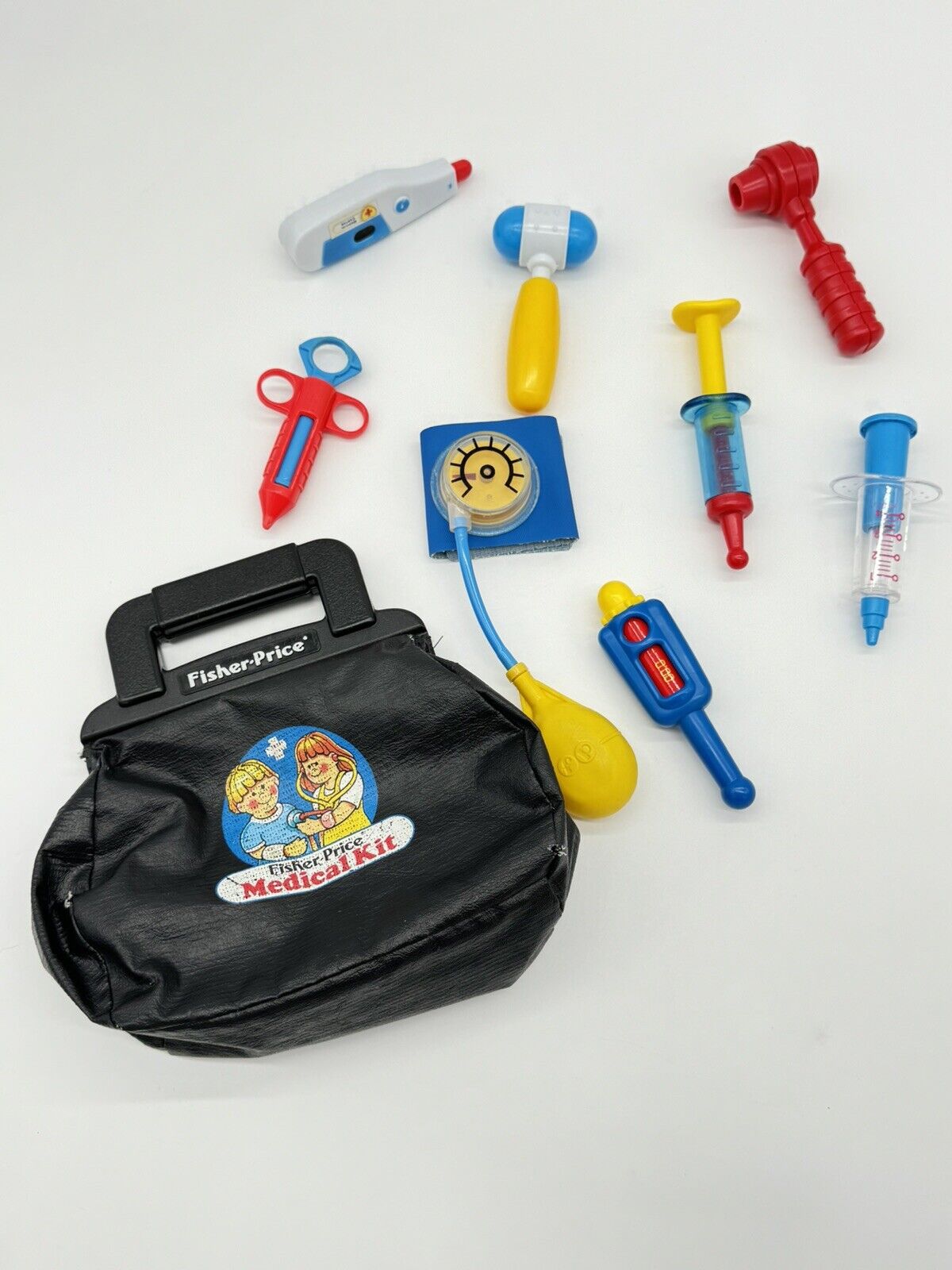 1987 Vintage Fisher Price Medical Kit Doctor Nurse Bag Play Set W/ XTRAS!