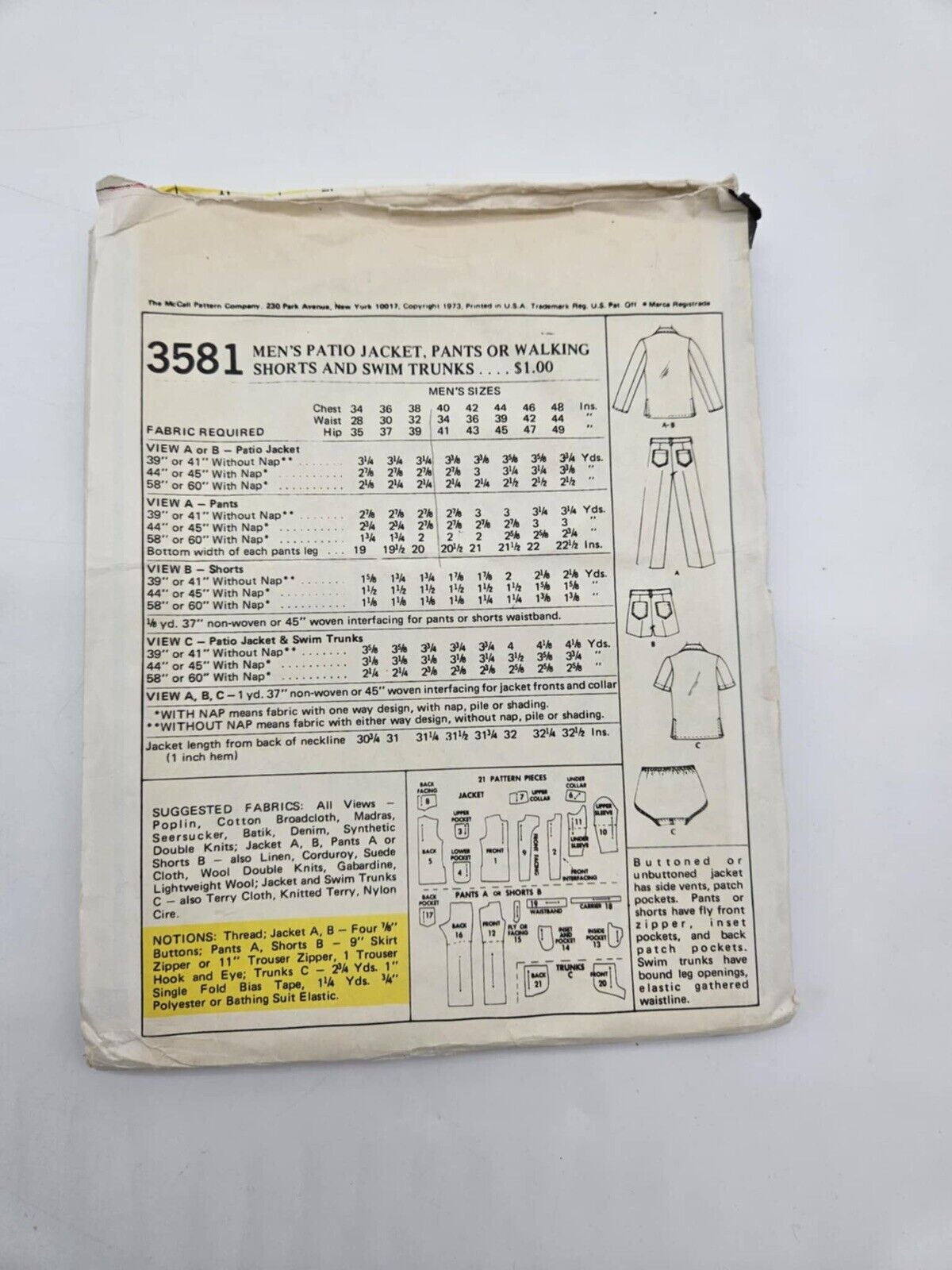 McCall's 3581 Men's Shorts & Jacket Vintage Sewing Pattern Sz 40 Chest 34 Waist
