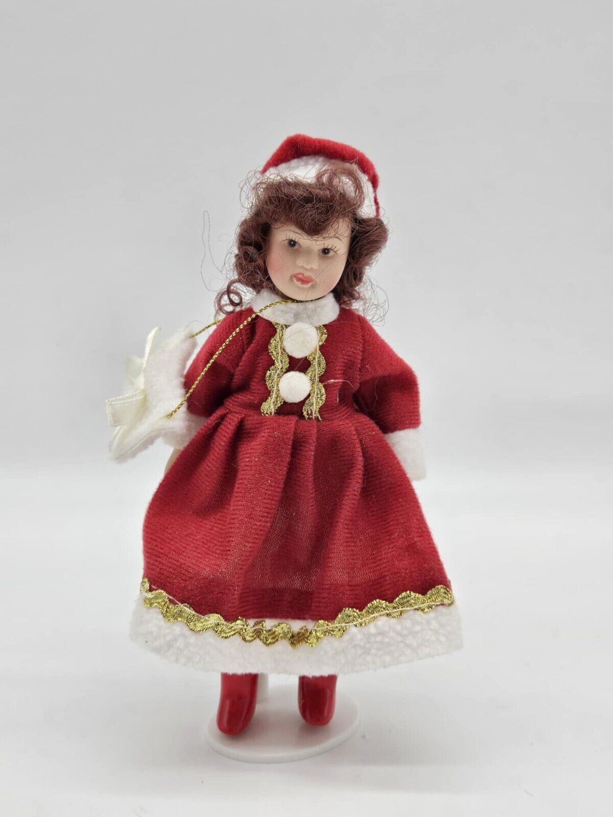 Belinda Agnes Christmas Collection Porcelain Doll BRUNETTE AUBURN HAIR STAND 7"