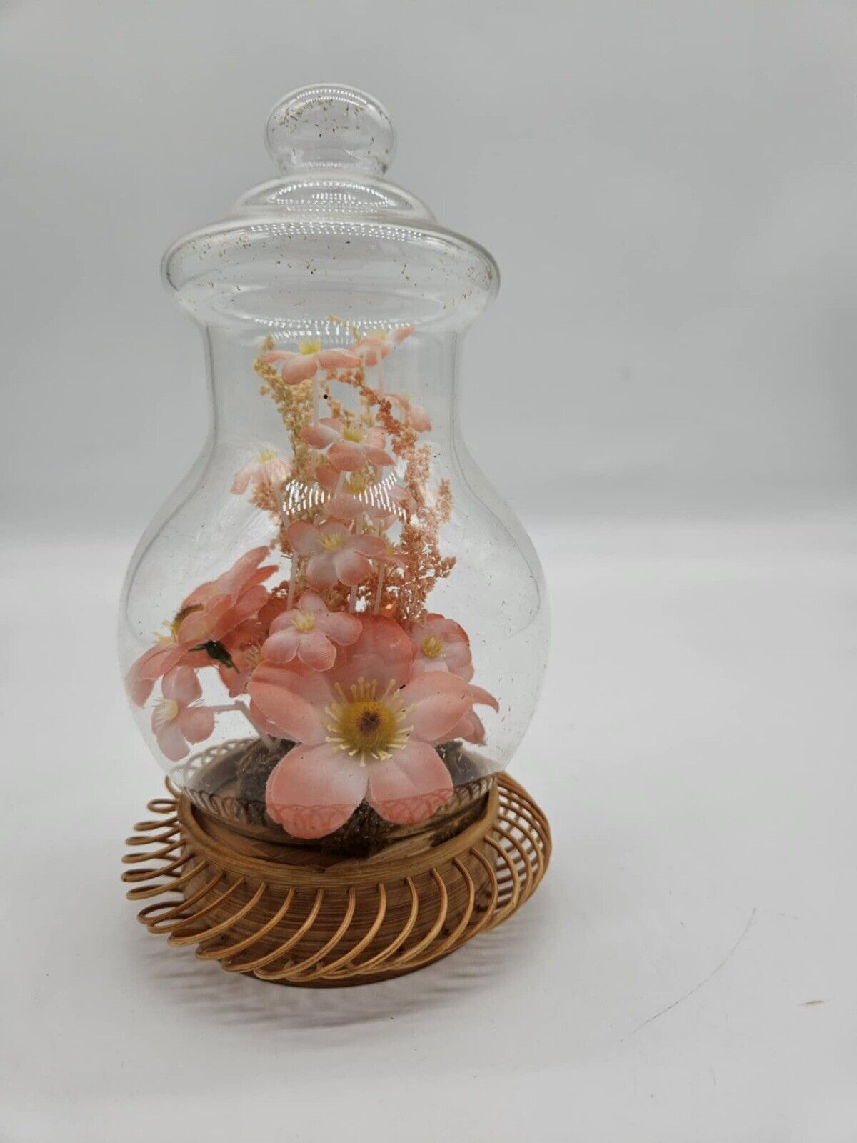 Vintage Silk Flowers Under Glass Terrarium Dome Wooden Base VTG VHD