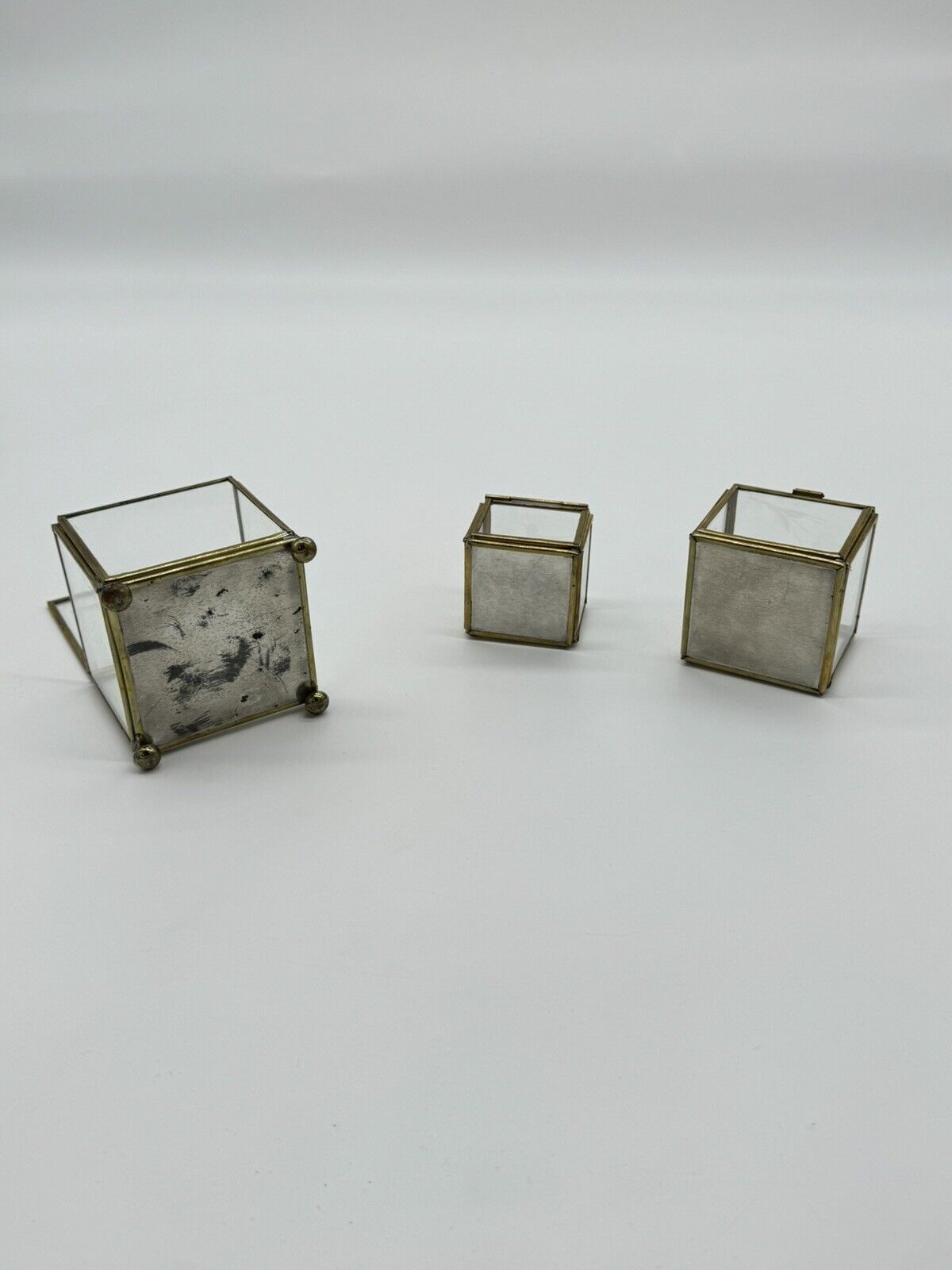 Antique Brass Glass Jewellery Boxes Set of 3 Original Old Hand Crafted