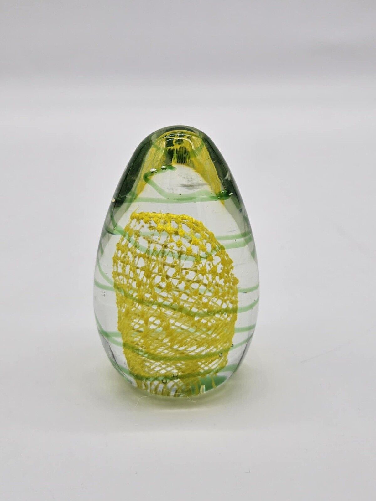 Art Glass Paperweight Egg Yellow Mesh, Green Swirl