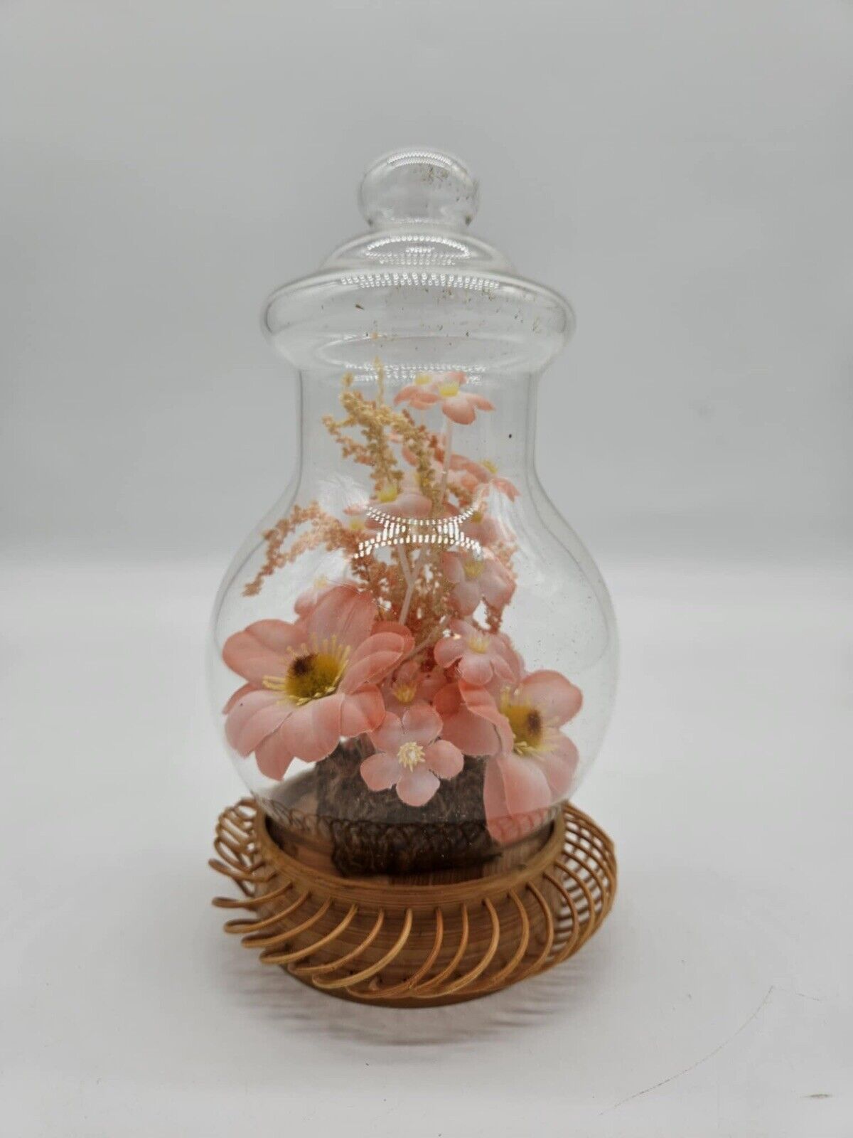 Vintage Silk Flowers Under Glass Terrarium Dome Wooden Base VTG VHD