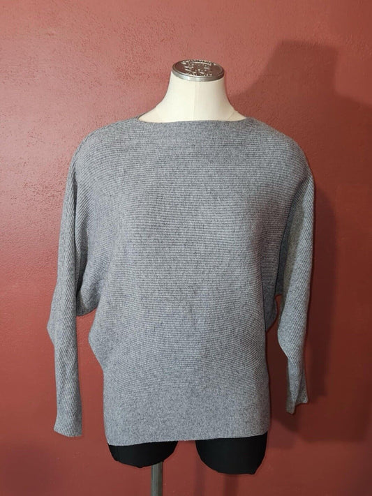 Womens Medium Gray Weave Dolman Sleeve Open Knit Boat Neck Sweater
