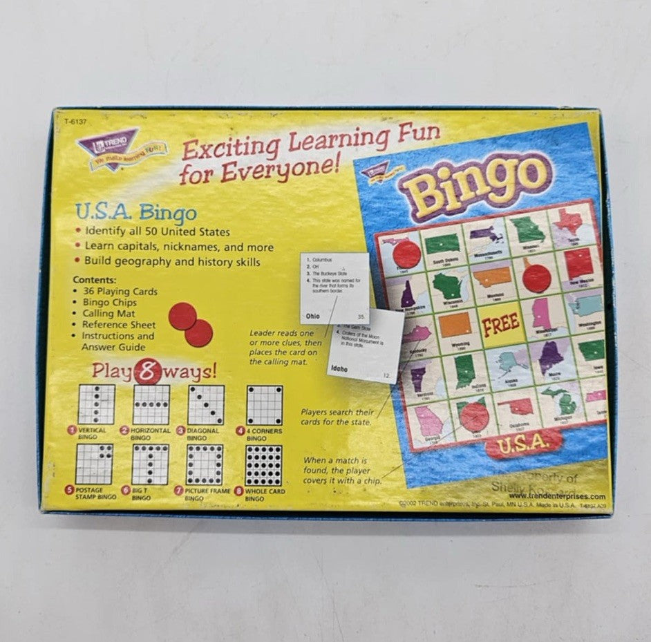 USA Bingo NlB Ages 8+up 3 To 36 Players Educational State Capitals & Facts