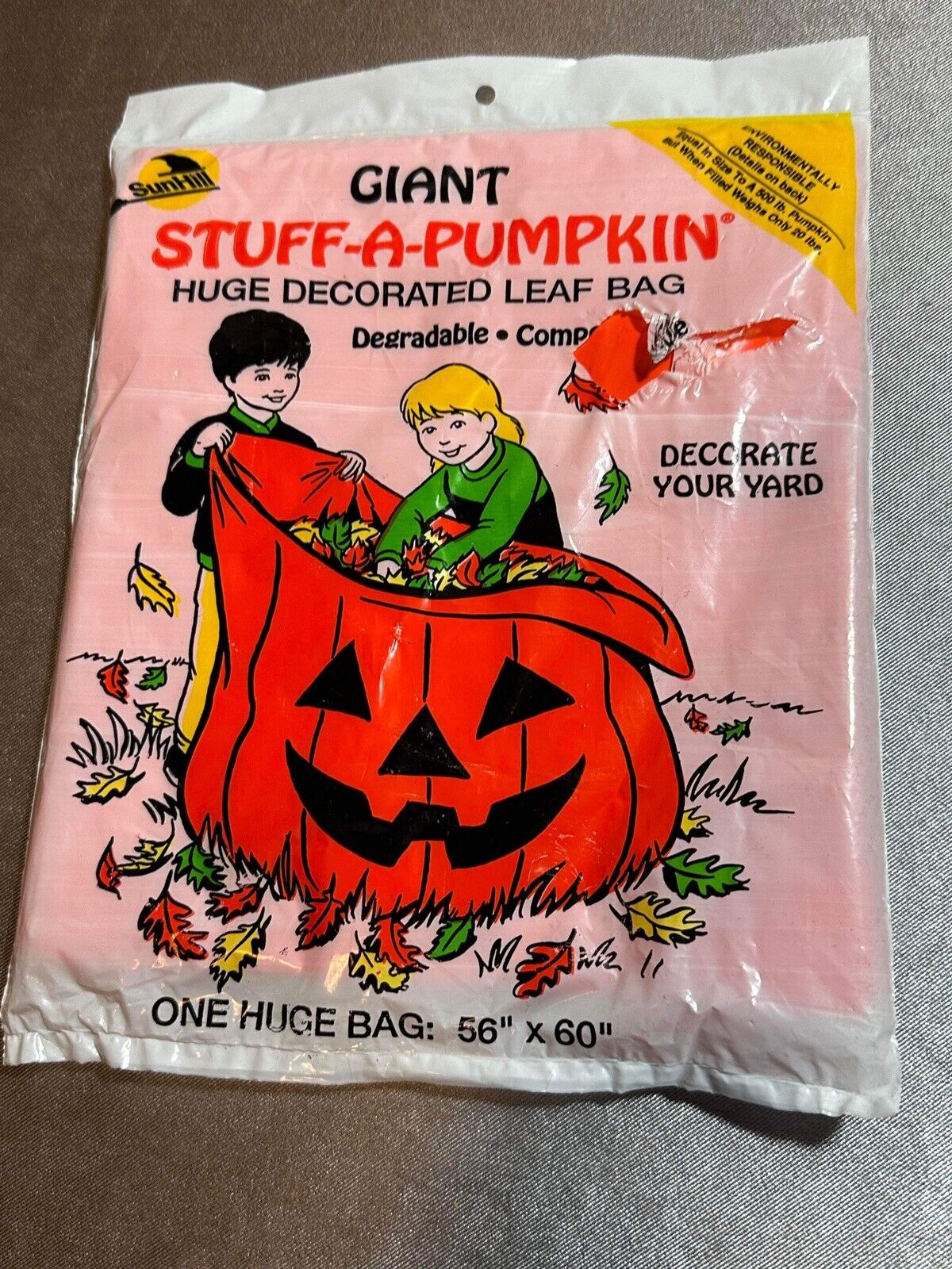 Giant 1990 Vintage Stuff-A-Pumpkin Halloween Lawn Leaf Bag Jack-O-Lantern TNO