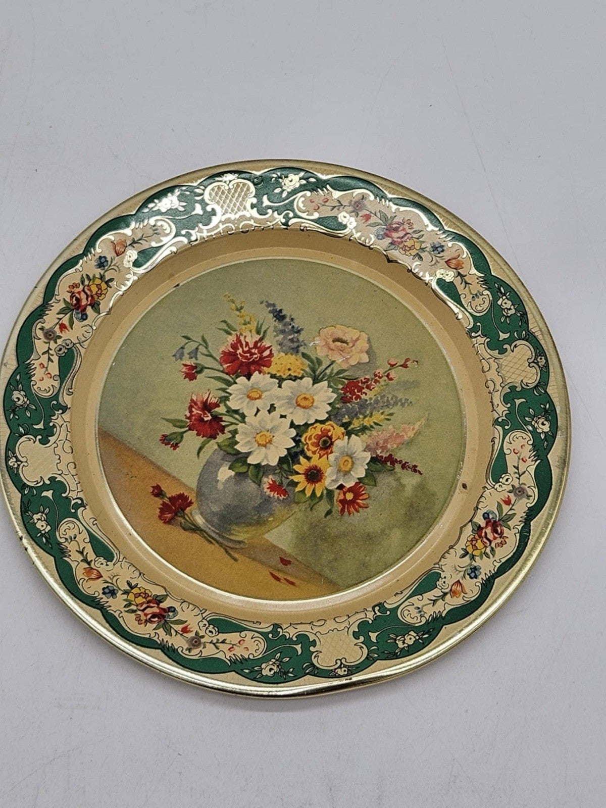 2 VTG Daher Decorated Ware Metal Plates Made In Holland Floral Decor