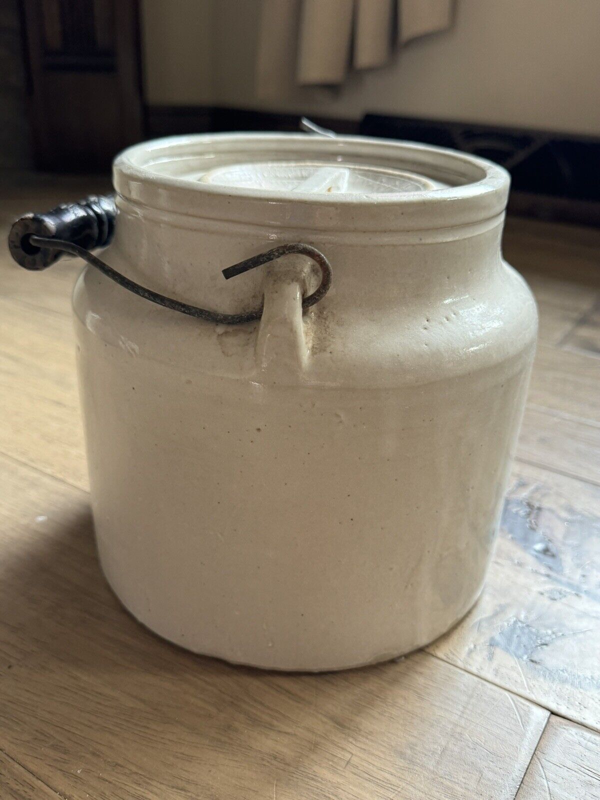 Antique Stoneware Pottery Crock with Lid, Salt Glaze, Metal and Wood Handle