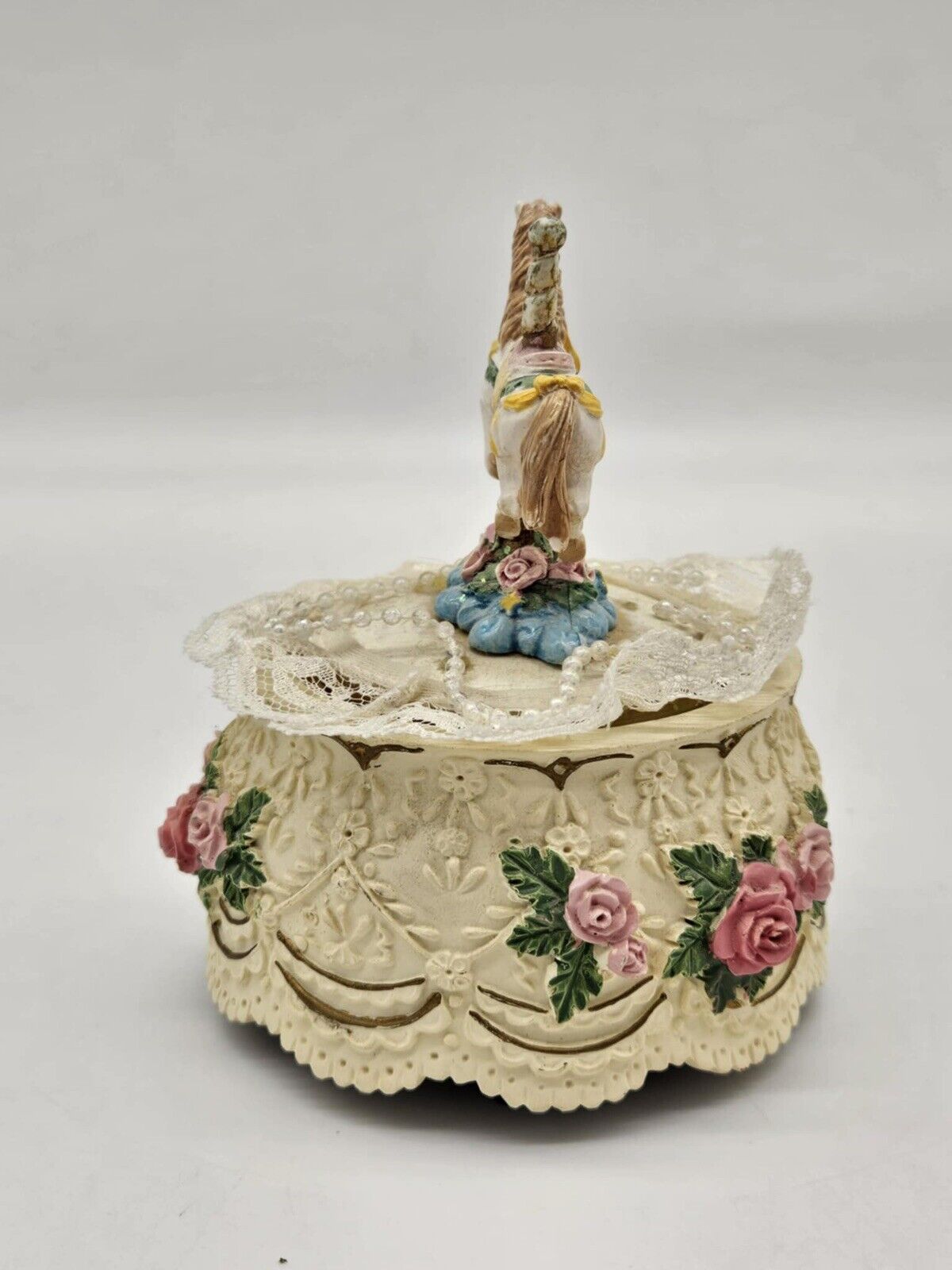 Vintage Musical Carousel Horse Pink Roses Yellow Ribbons