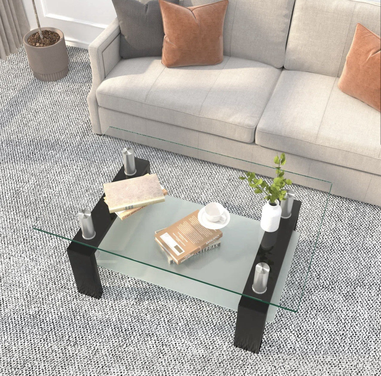 2-Tier Glass Coffee Table Living Room w/ Storage Shelves Tea Table Living Room