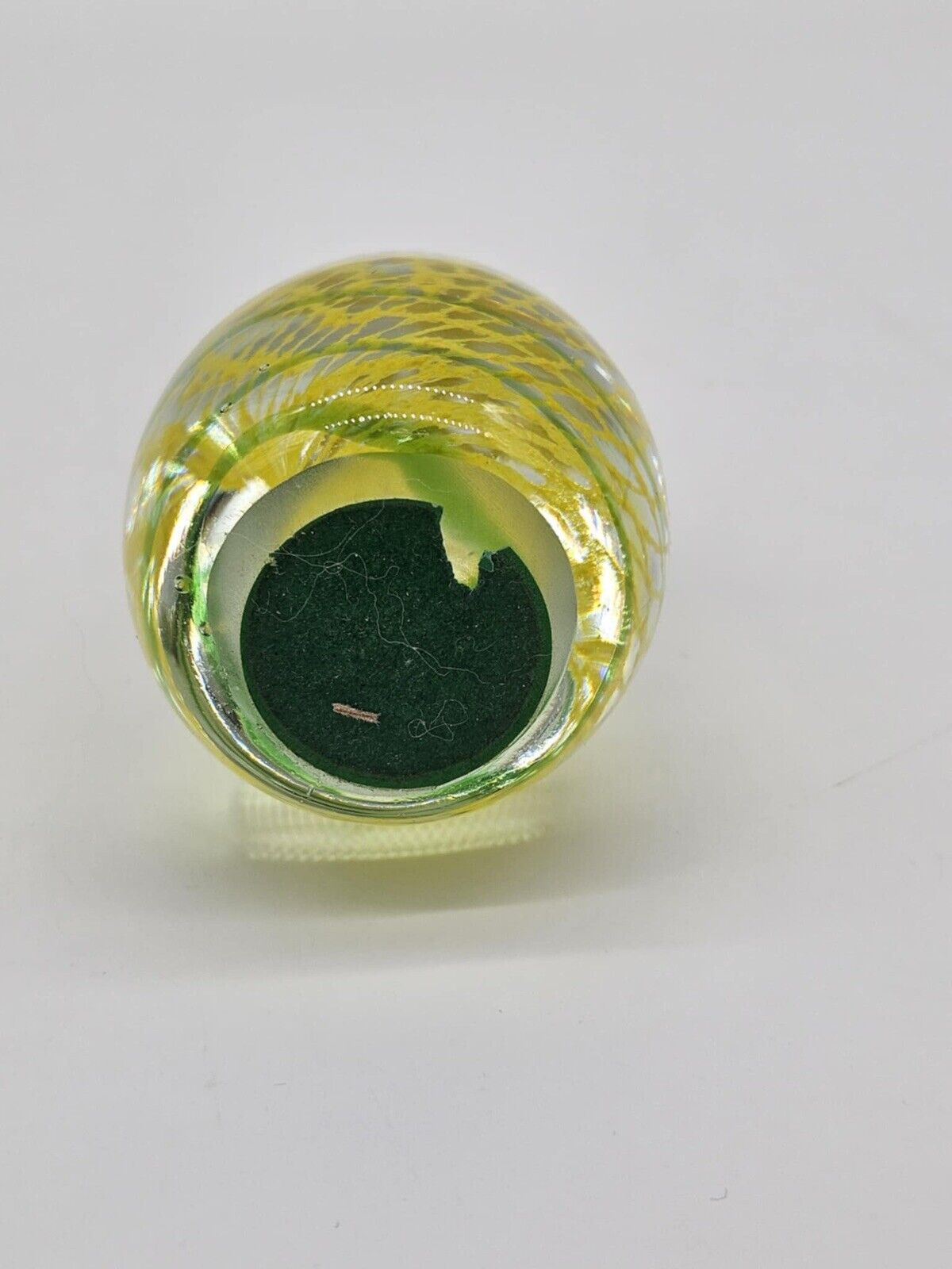 Art Glass Paperweight Egg Yellow Mesh, Green Swirl
