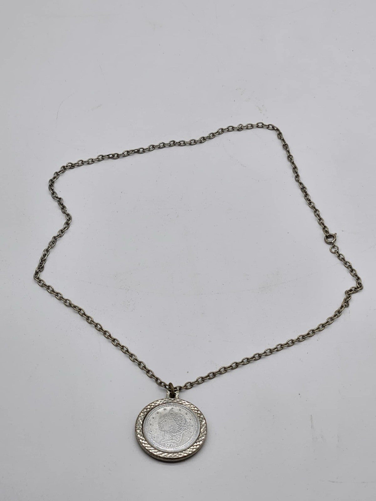 Vintage Bicentennial 1776 Twenty D Coin Necklace Pendant Silver Tone 12” Chain