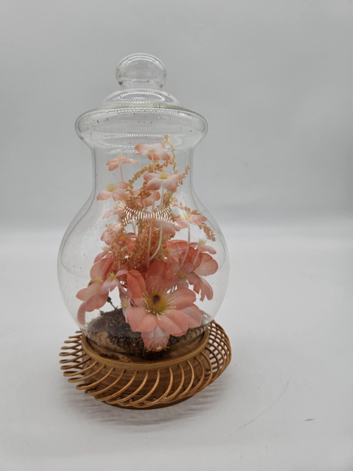 Vintage Silk Flowers Under Glass Terrarium Dome Wooden Base VTG VHD