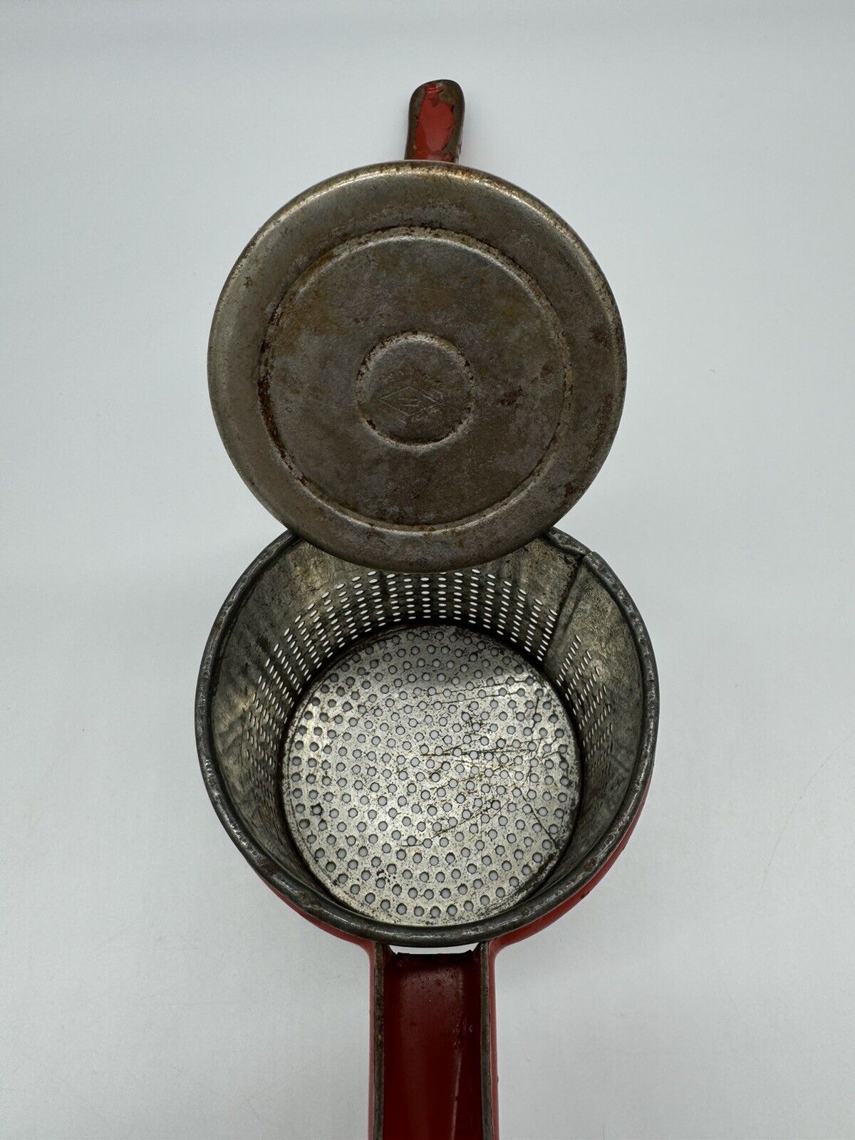 Vintage Potato Ricer Grinder Red Handle Antique Metal Kitchen Tool Juice