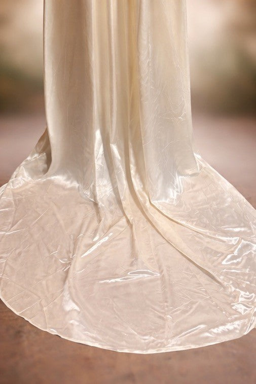 1930s Ivory Satin Wedding Dress Lace Bodice Long Sleeves Vintage Bridal Gown