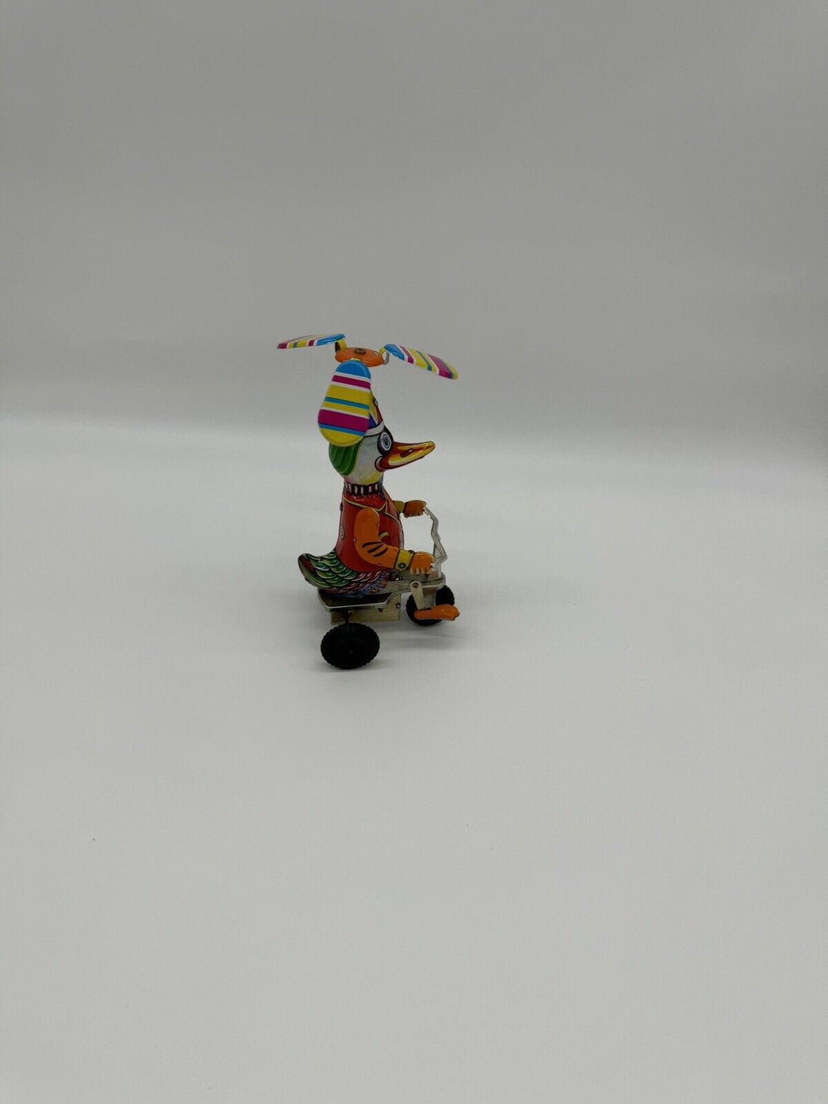 Vintage Tin Duck On A Bike Mechanical Wind Up Toy Works Great!!