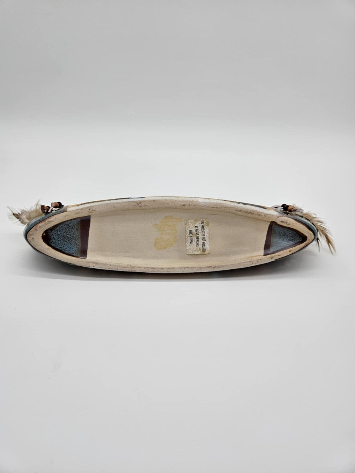 Vintage Navajo Art Hand Painted Cly Canoe w/ Feathers