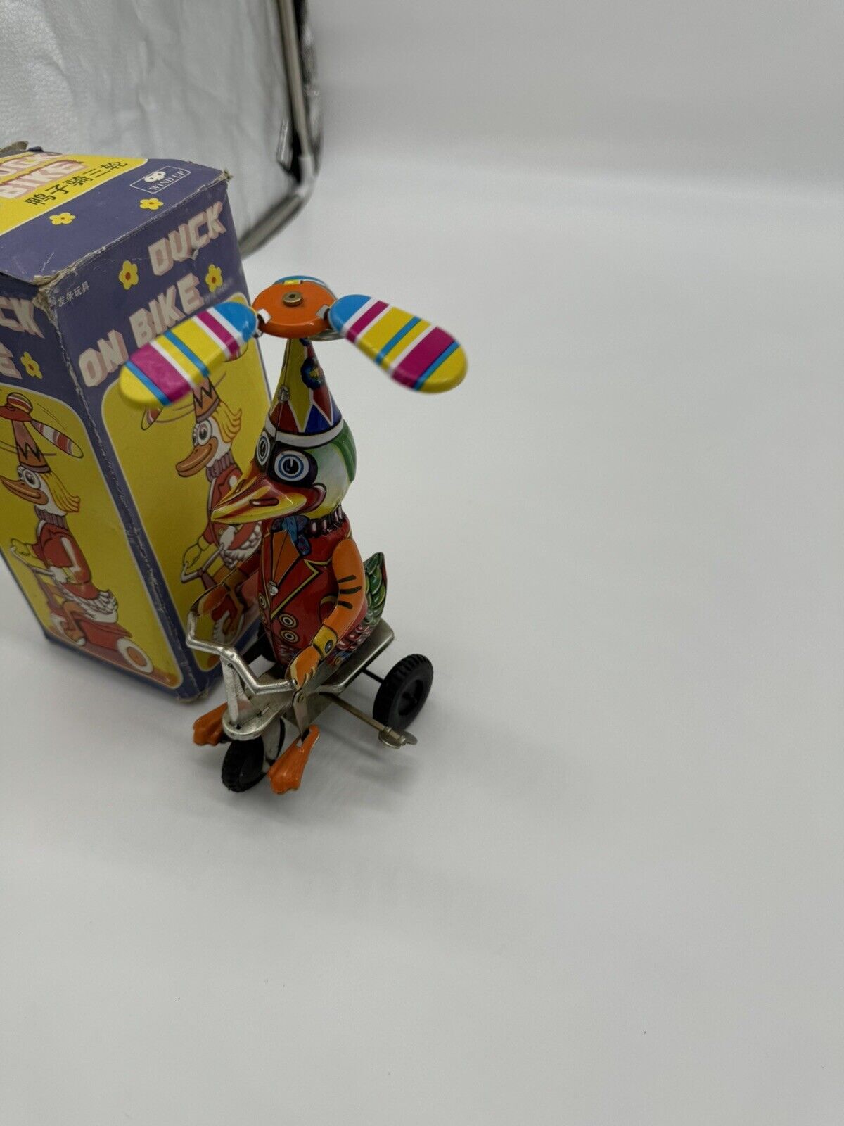 Vintage Tin Duck On A Bike Mechanical Wind Up Toy Works Great!!