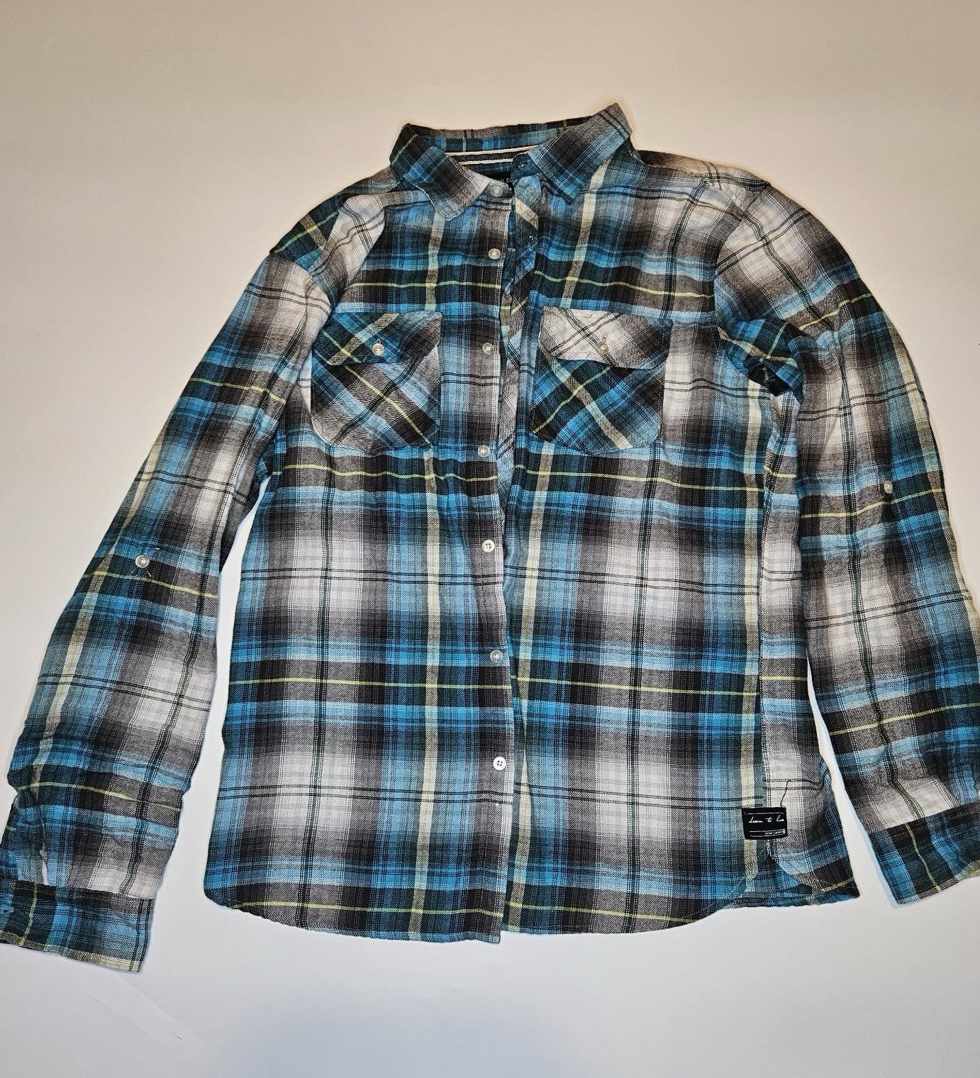 Men’s Plaid Flannel Button Down Shirt Blue Black White Long Sleeve