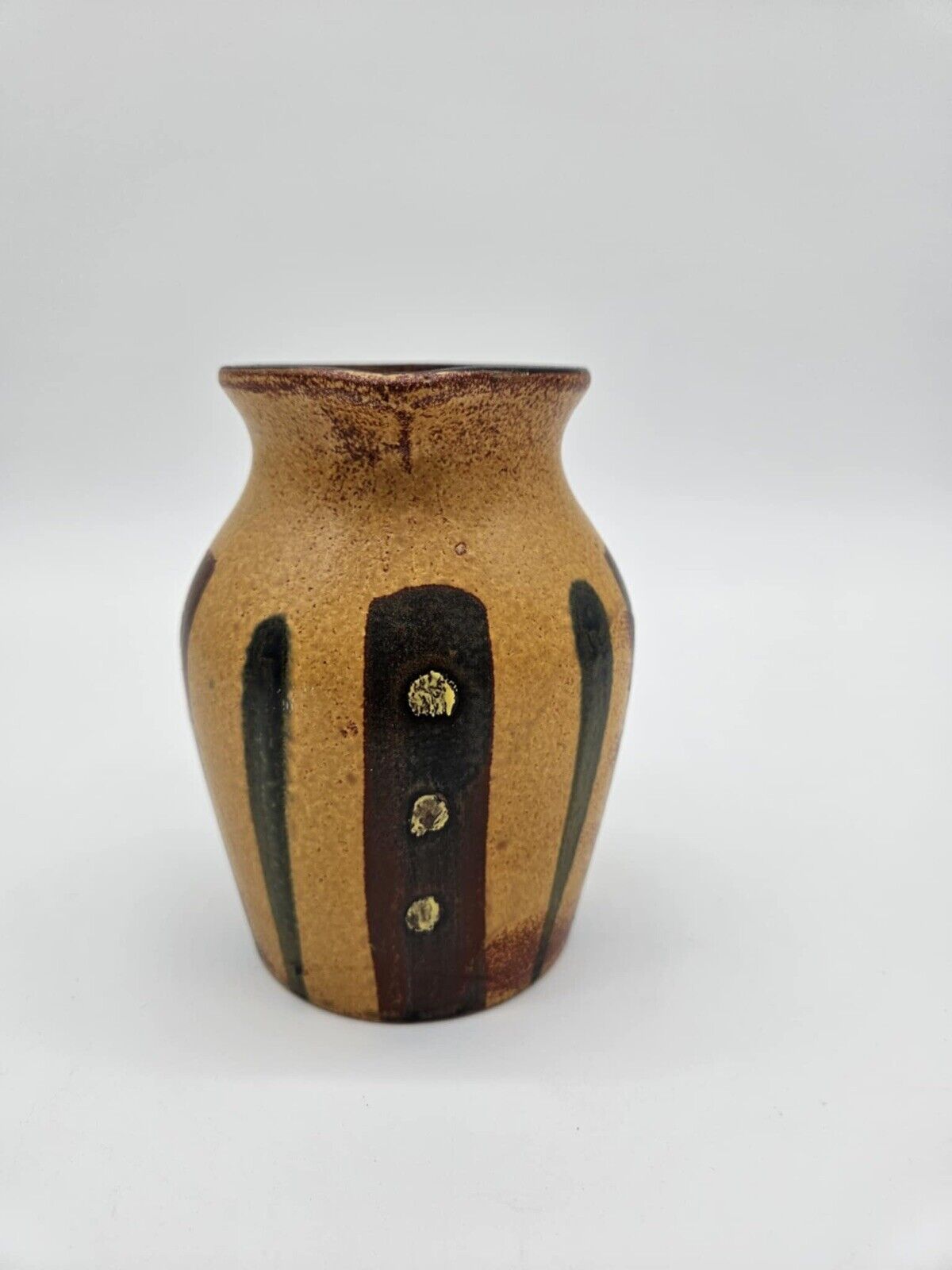 Small Pottery Pitcher Brown Tan Green Made in Vase Pourer