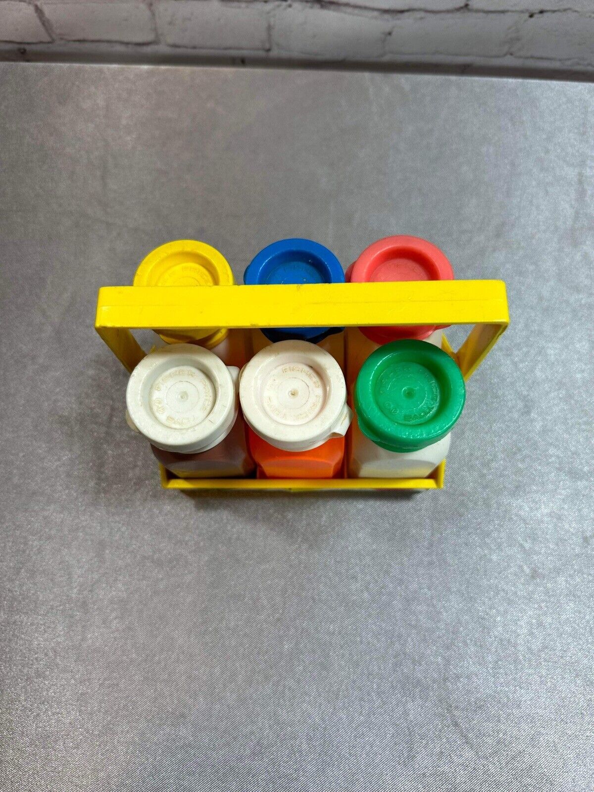 1970's Vintage Fisher Price 6 Milk Bottles with Caps and Carrier Toy #637 VTY