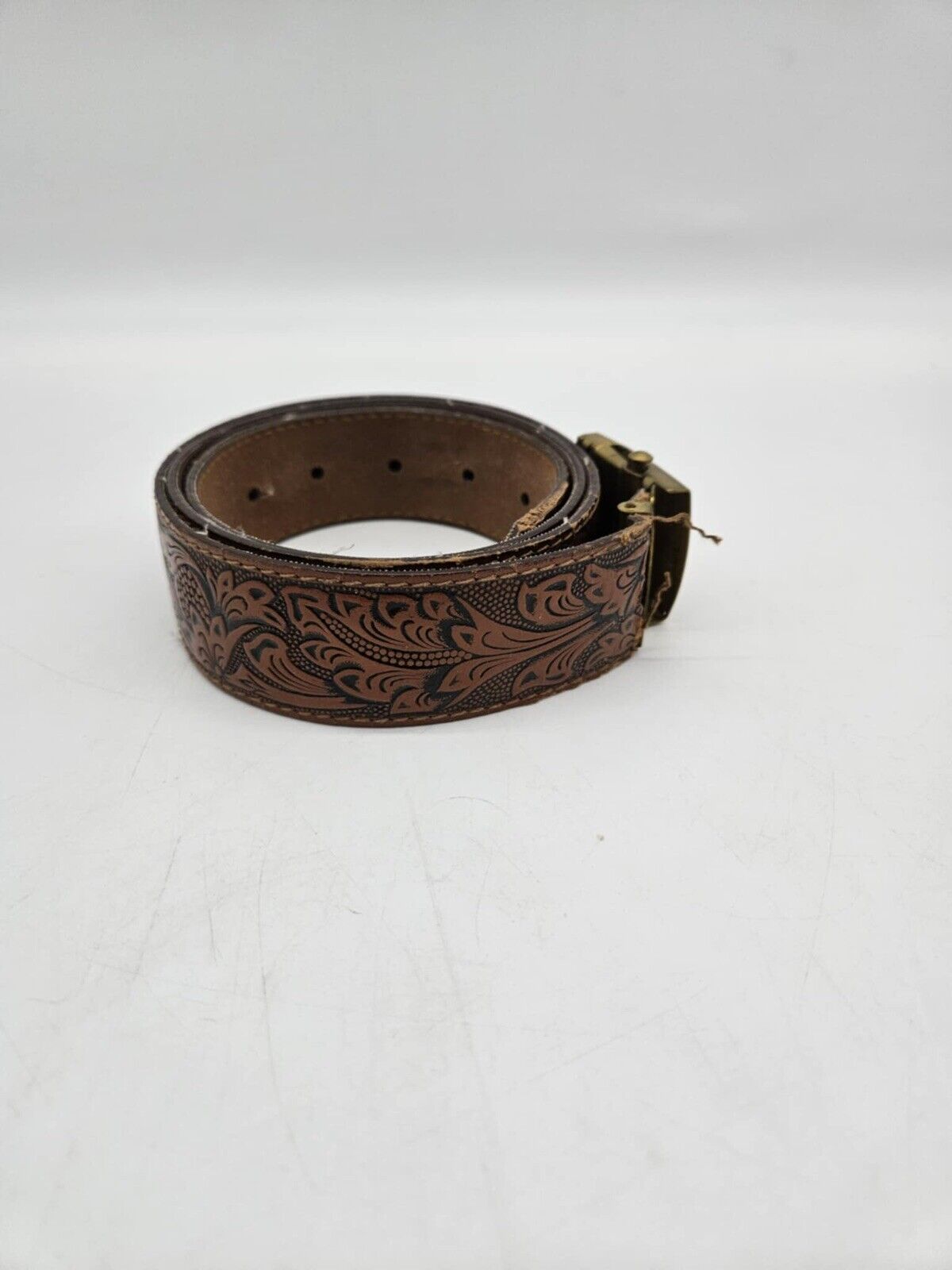 Vintage Western Leather Belt 2'' Tool Floral Coffee & Brass Belt Buckle