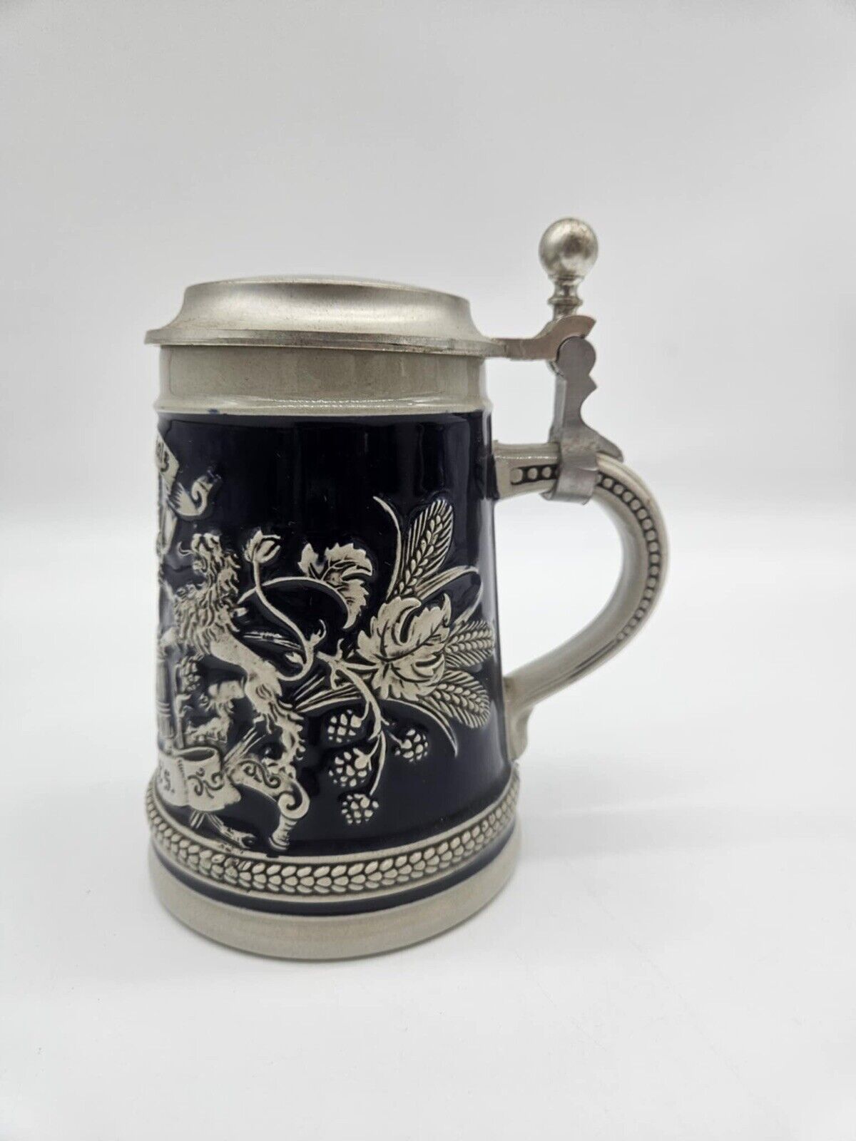 Vtg Gerz Pewter Lidded German Beer Stein Black Hopfen Maiz Gott erhalts Lions 6"