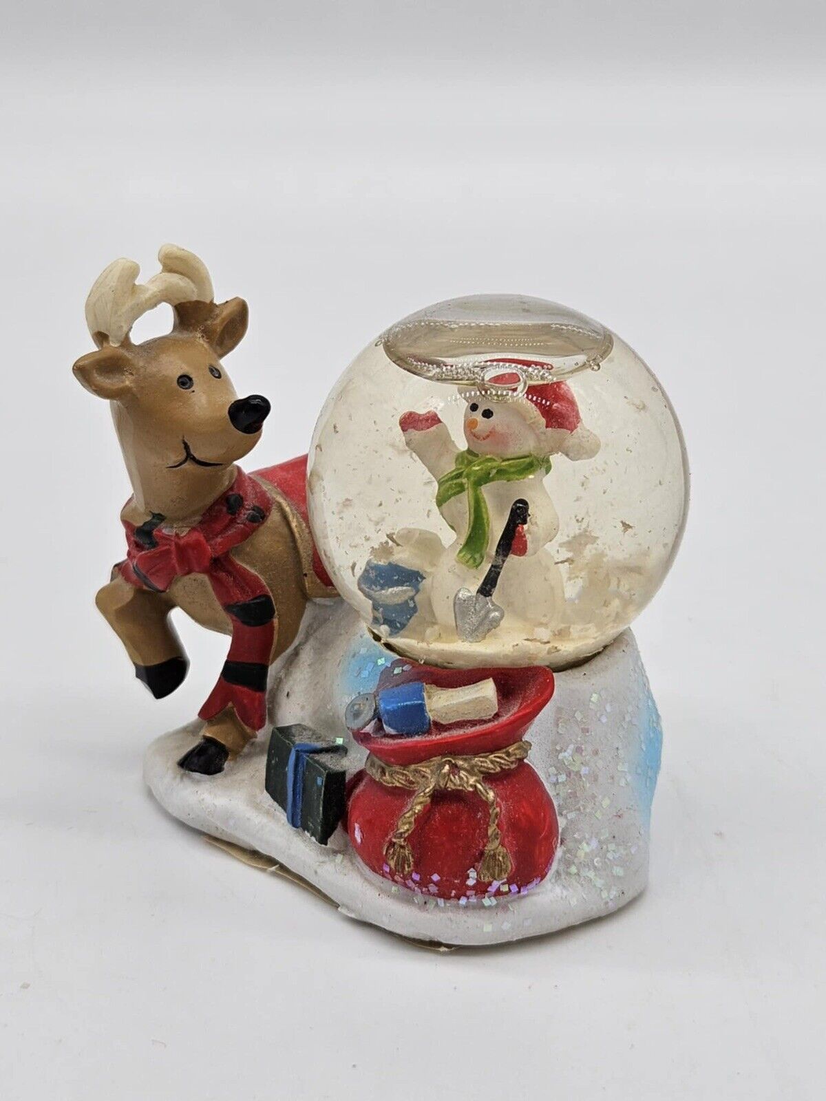 Vintage Miniature Snow Globe 3” ~ Reindeer With Snowman Collectible