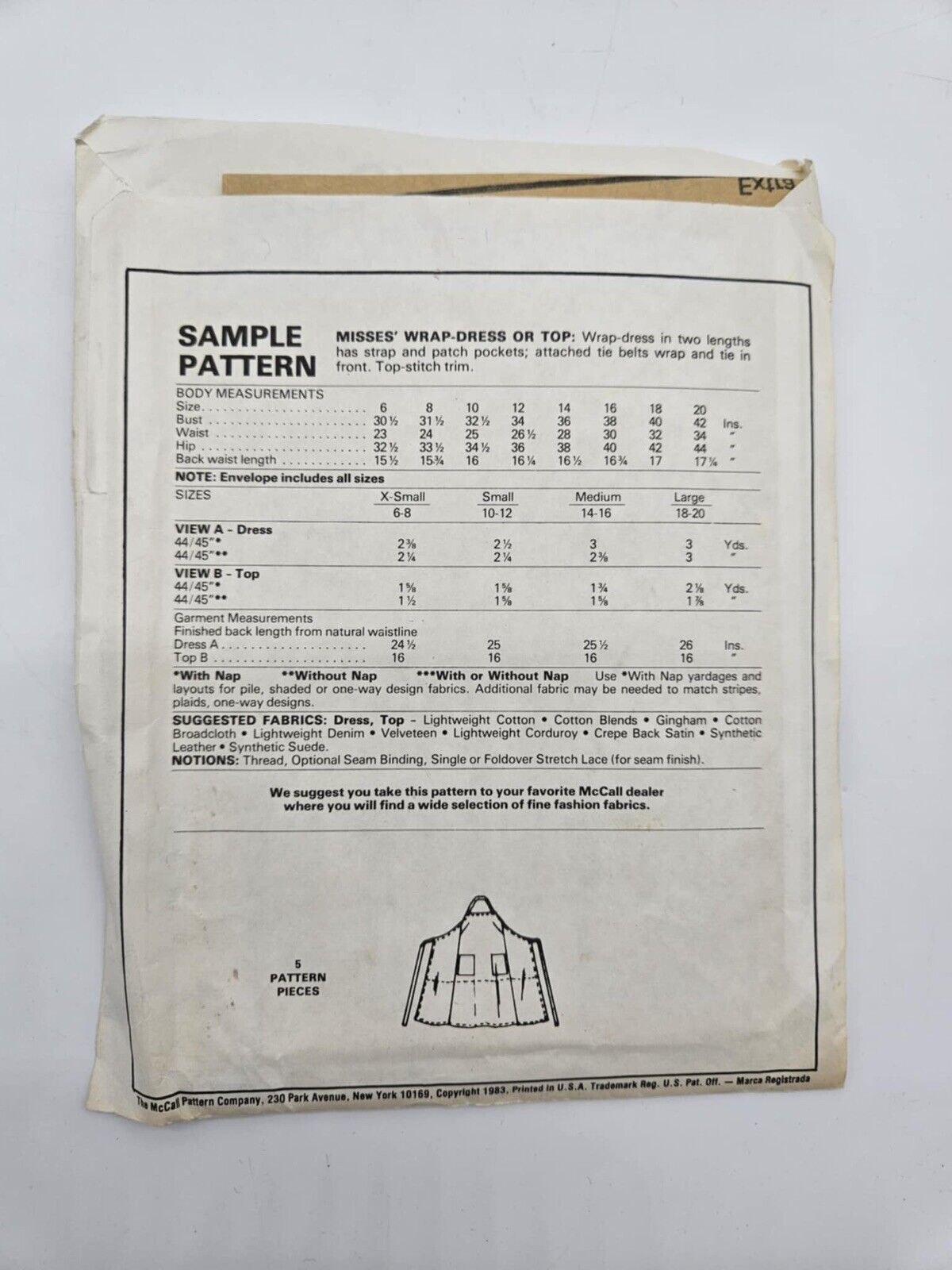 Wrap Dress Top Pockets XS S M L 6-20 McCalls Sewing Pattern VTG Sample Sampler