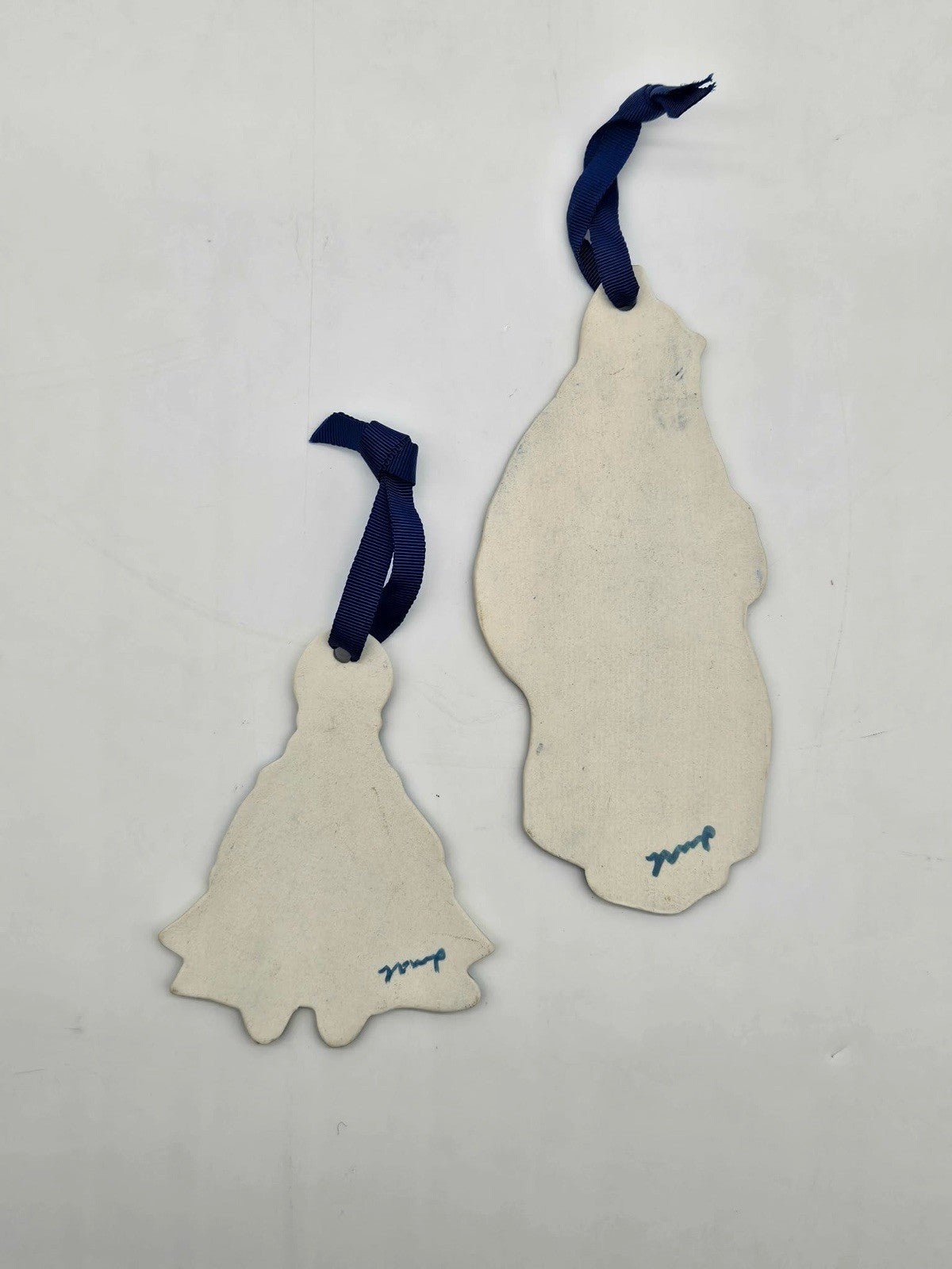 Vintage Blue & White Pottery Christmas Ornaments Santa & Little Girl Lot