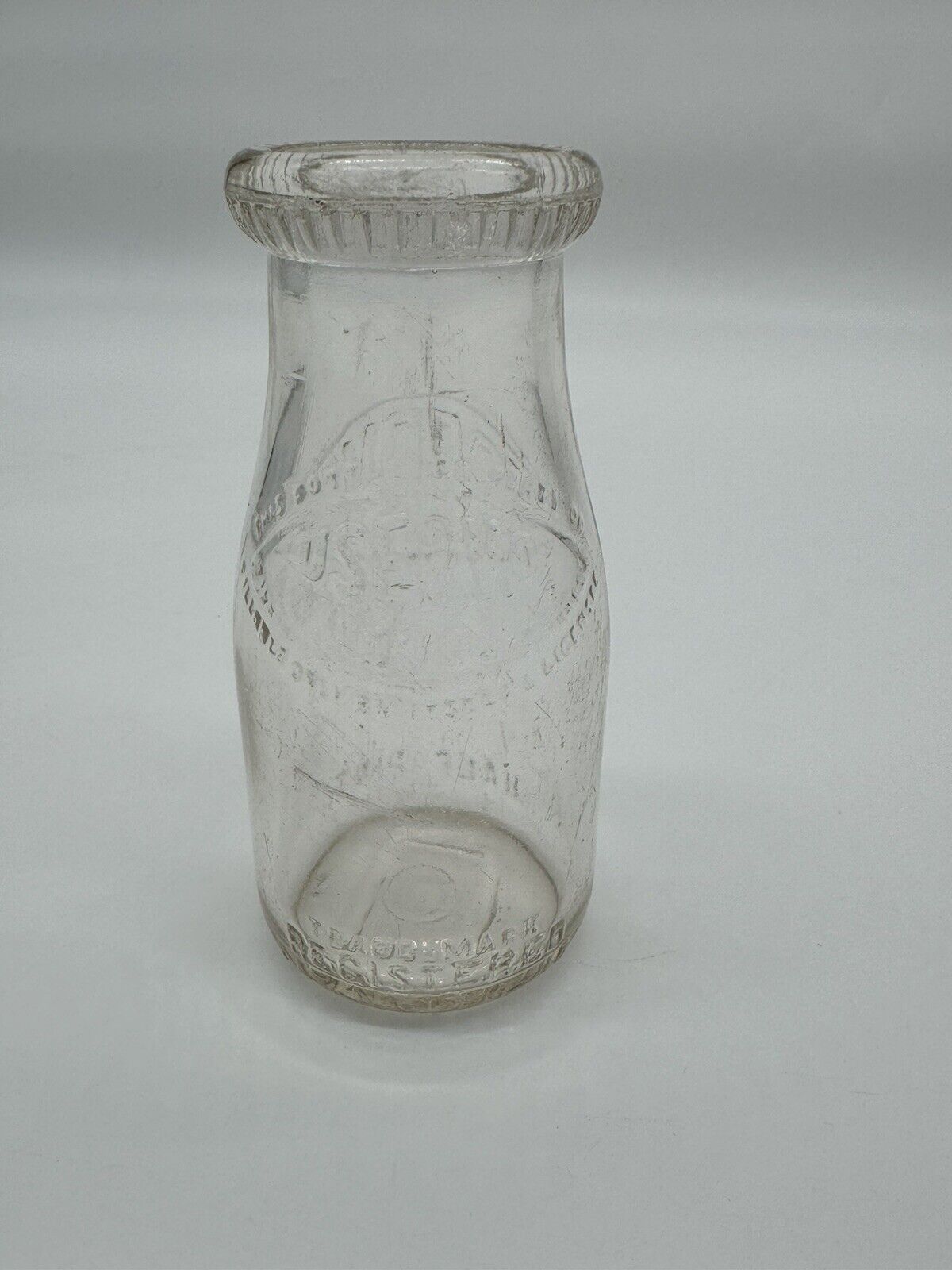 2 Vintage One Quart Glass Milk Bottles Embossed 3 Round
