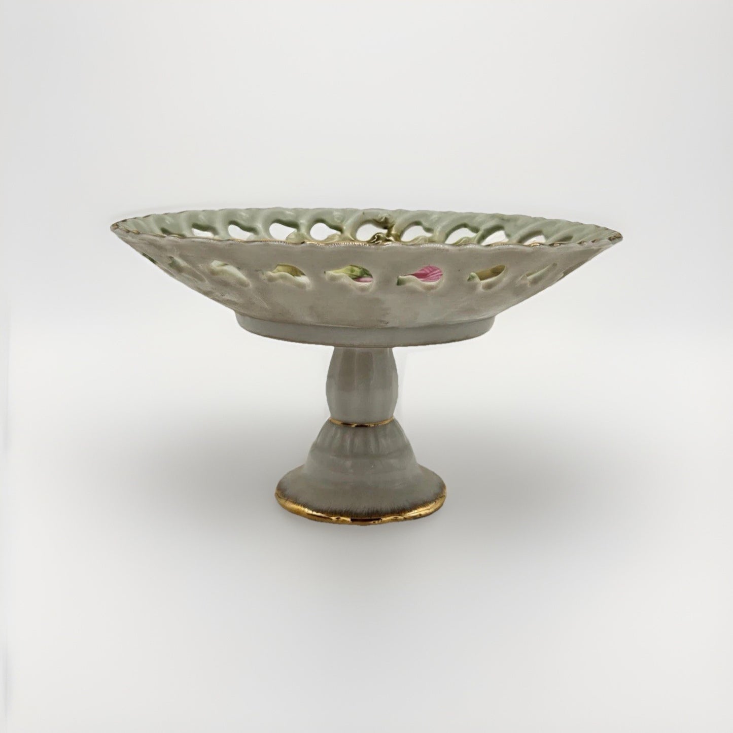 VTG Lefton Pink Roses Floral Chintz Footed Plate Pedestal Serving / Candy Dish