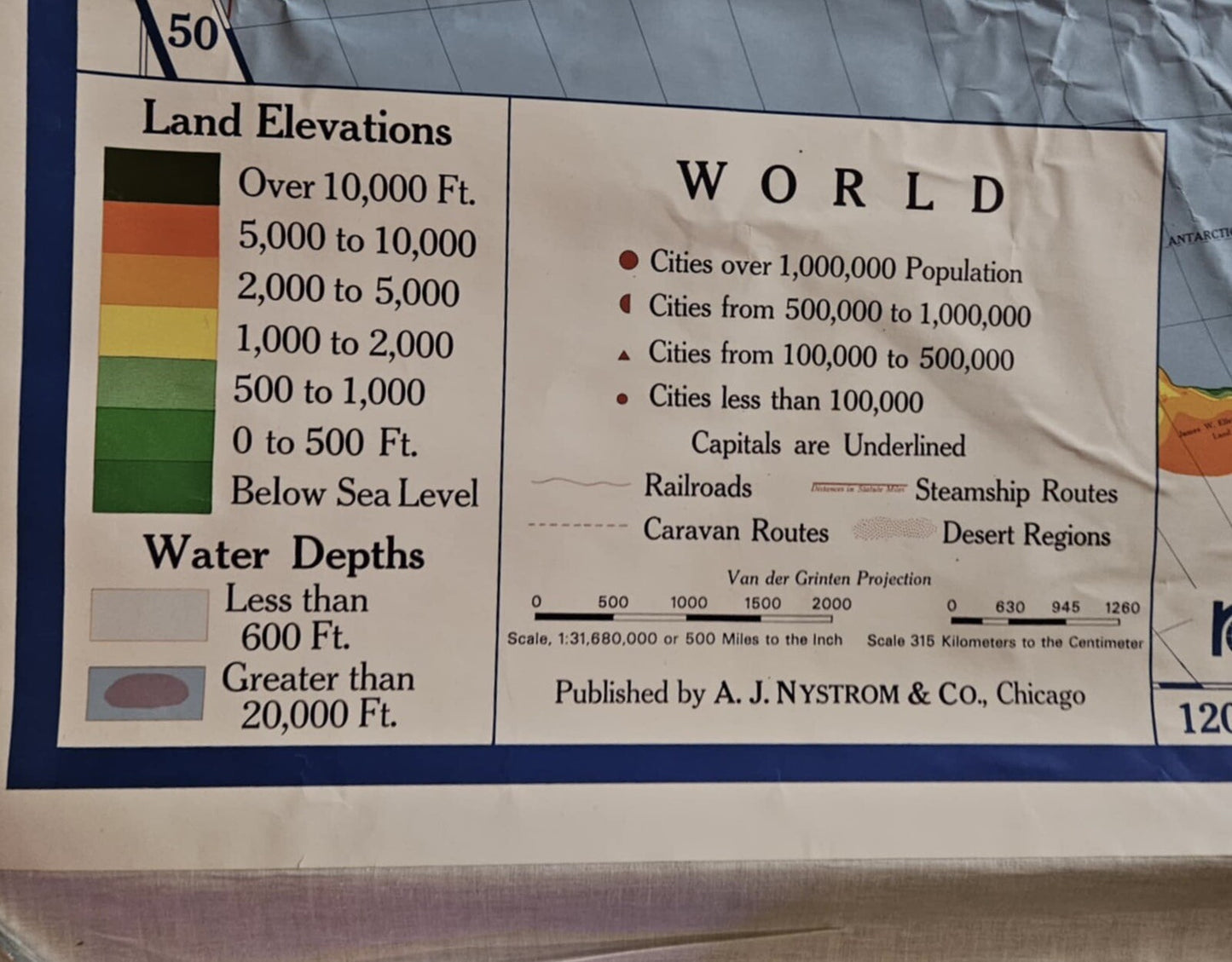 1966 A.J. Nystrom Topographic Map of the World 5.5 ft x 4 ft Model FP 98