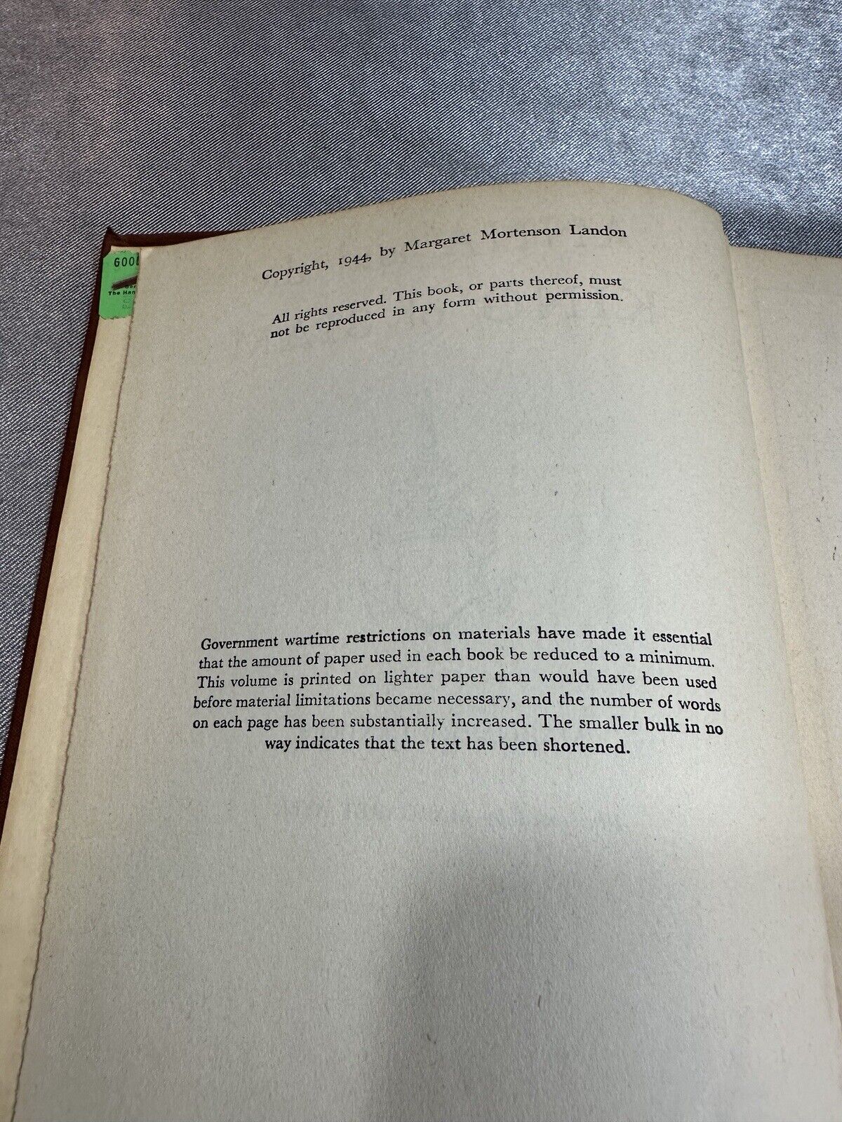 FIRST EDITION - ANNA AND THE KING OF SIAM, MARGARET LANDON, 1944 VBKS