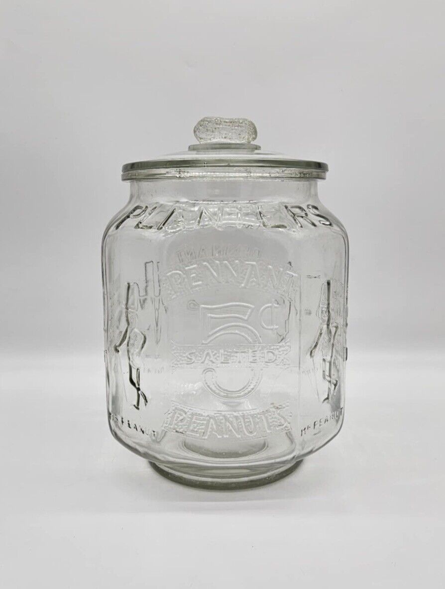 VTG Planters Mr Peanut Large Glass Jar Pennant 5 Cents Embossed 12” Tall 1970s
