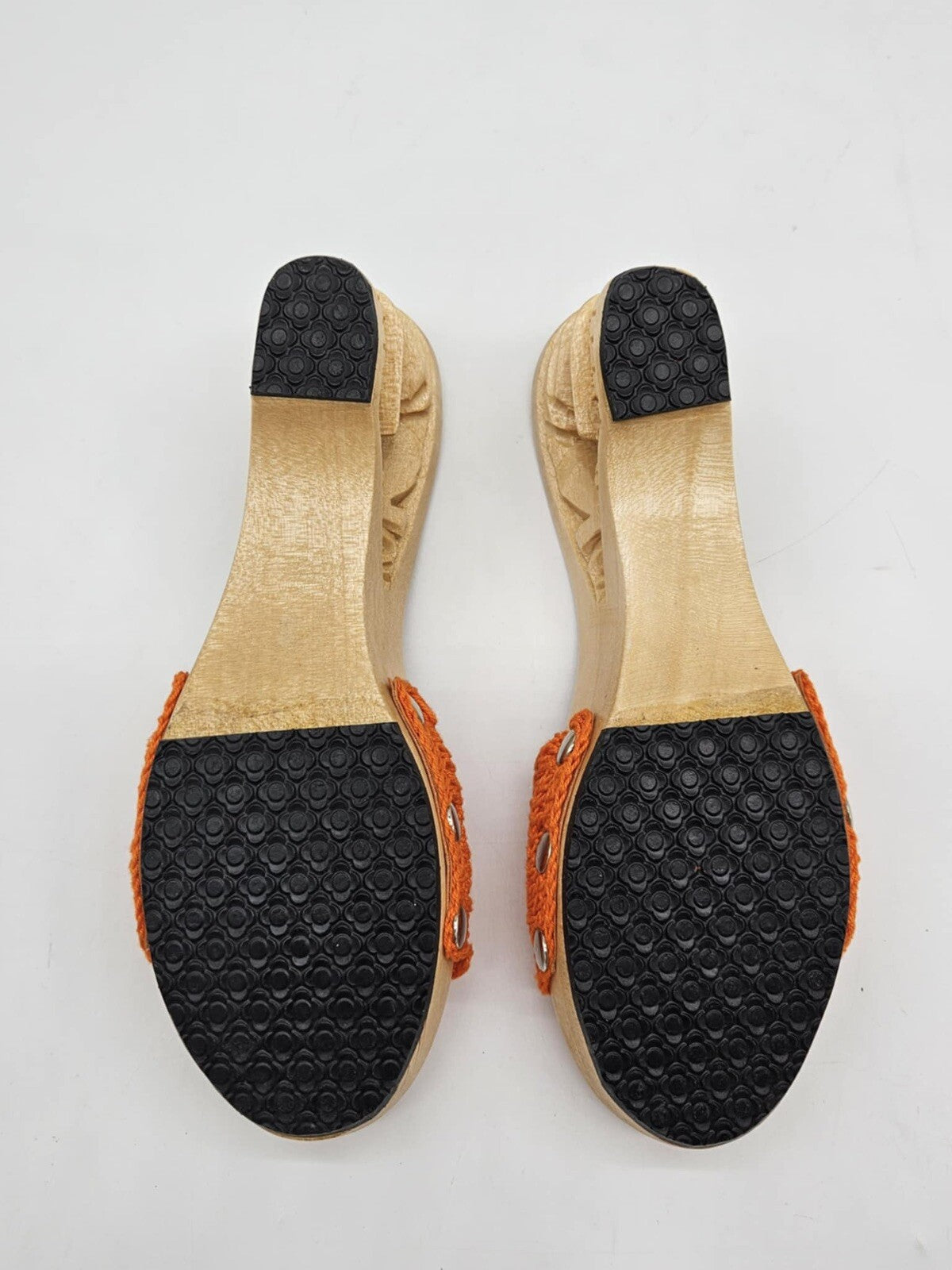 70s Vintage Tiki Carved Wood Crochet Knit Wedges Mules Sandals Deadstock