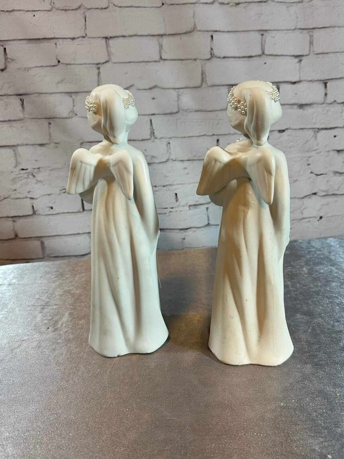 2 White Ceramic Bisque Angel Night Table Light Deco 10” Halo Lighted Flowers VFG