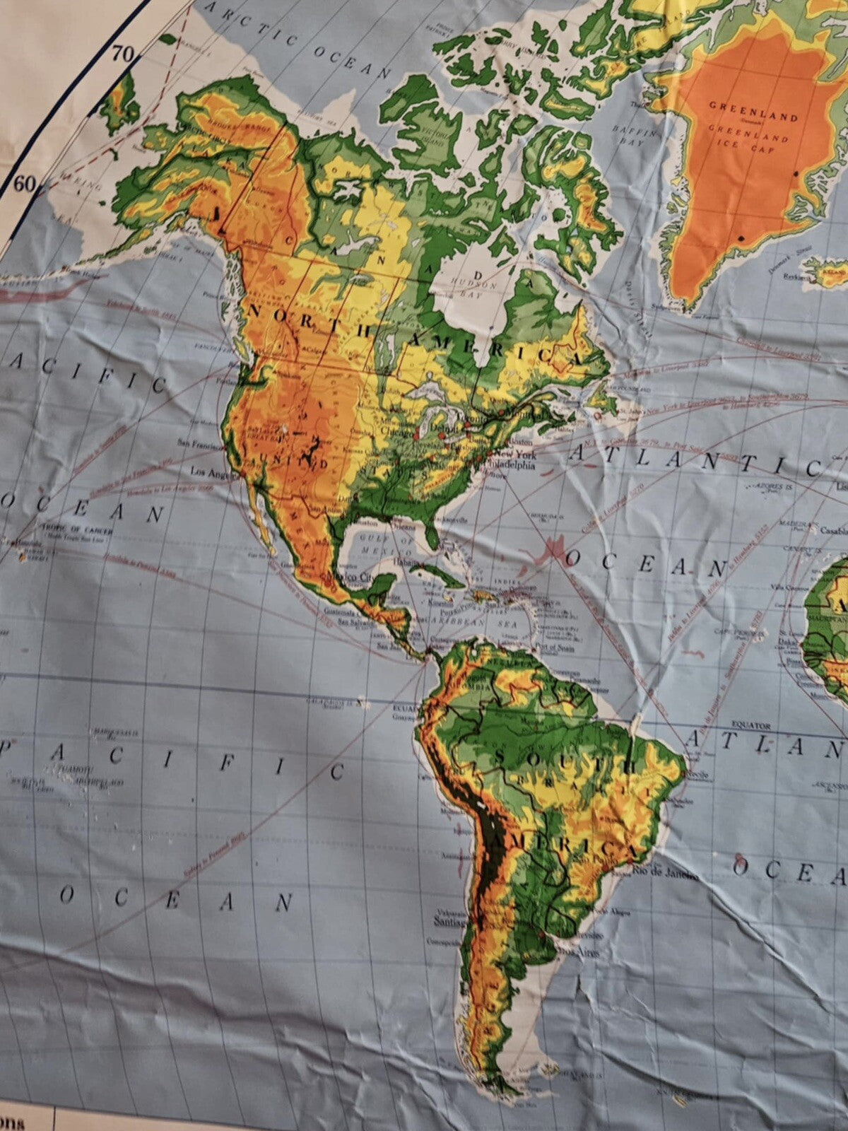 1966 A.J. Nystrom Topographic Map of the World 5.5 ft x 4 ft Model FP 98