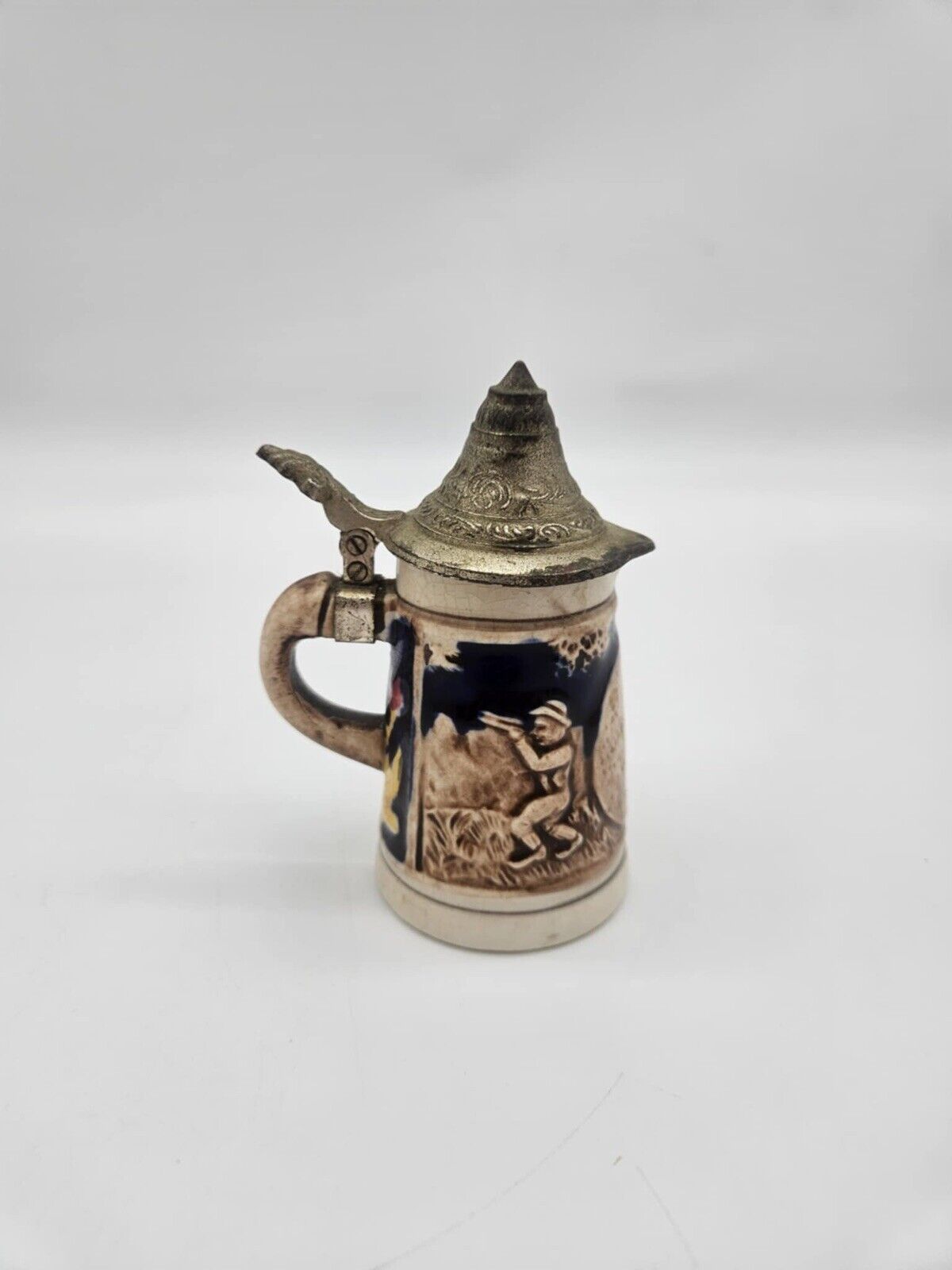 Vintage W Germany Farewell Scene Hand Painted Beer Stein Pewter Lid 4x5”