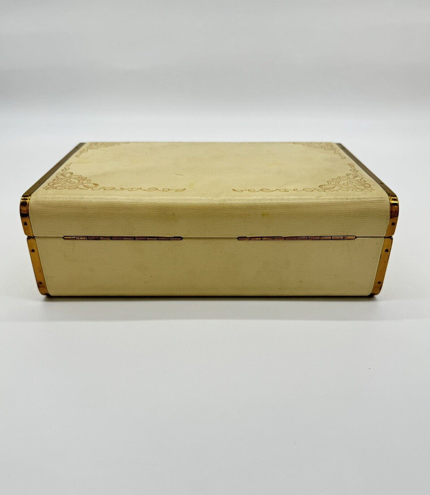 Vintage Farrington Jewelry Box Genuine Texol Cream & Burgundy Lining 10x6
