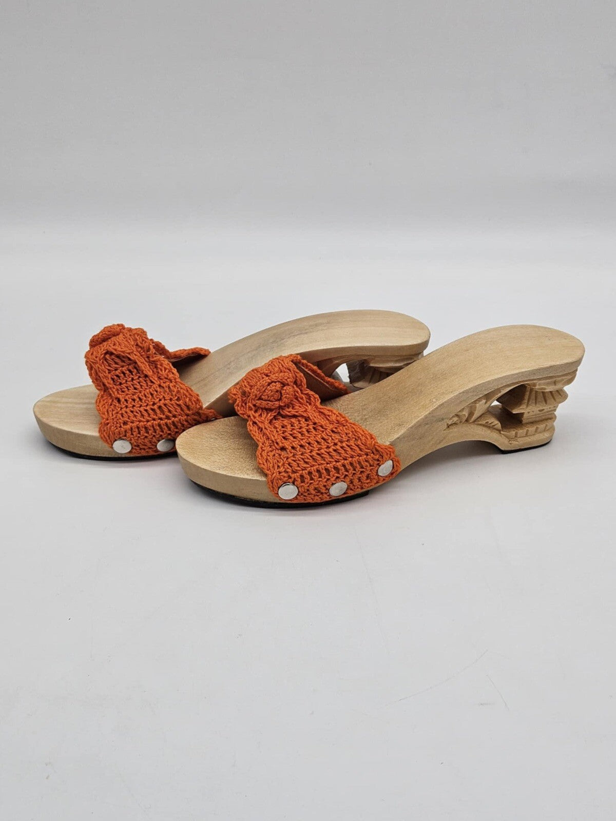 70s Vintage Tiki Carved Wood Crochet Knit Wedges Mules Sandals Deadstock
