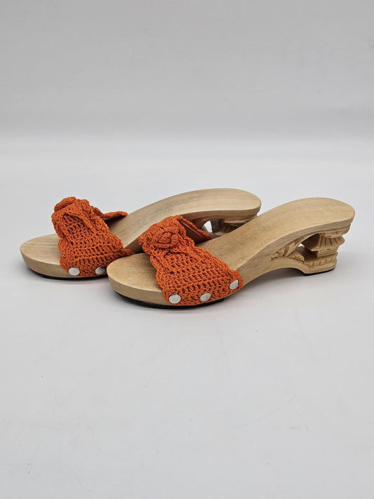 70s Vintage Tiki Carved Wood Crochet Knit Wedges Mules Sandals Deadstock