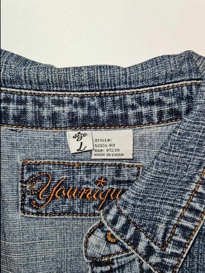 Younique Cropped Denim Light Distressed Jean Jacket Womens Long Sleeve ~ Sz L