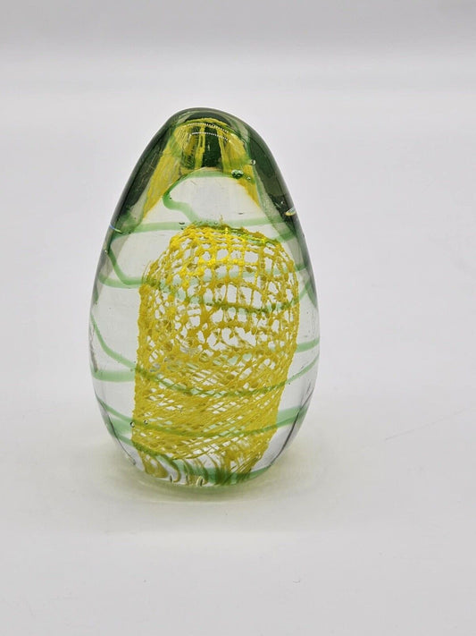 Art Glass Paperweight Egg Yellow Mesh, Green Swirl