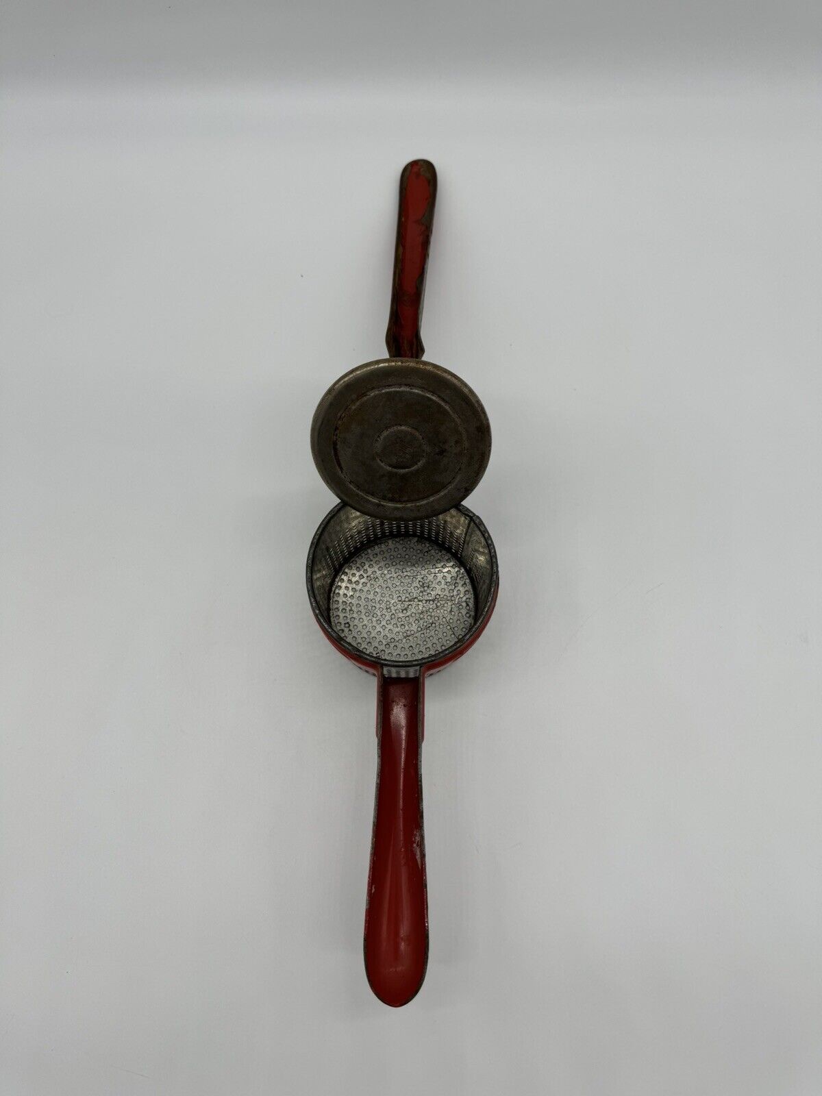 Vintage Potato Ricer Grinder Red Handle Antique Metal Kitchen Tool Juice