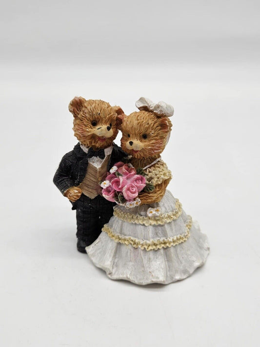 Vintage Wedding Cake Topper, Handpainted Resin Teddy Bear Bride & Groom Figurine