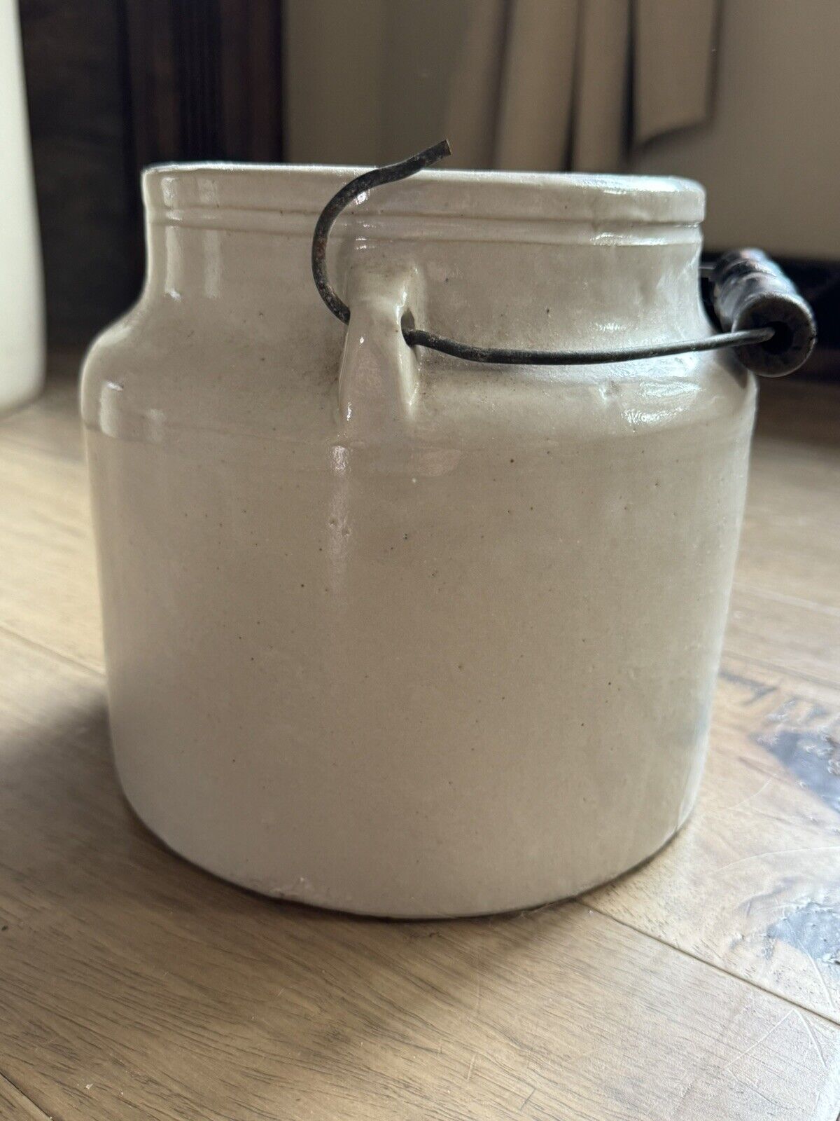 Antique Stoneware Pottery Crock with Lid, Salt Glaze, Metal and Wood Handle