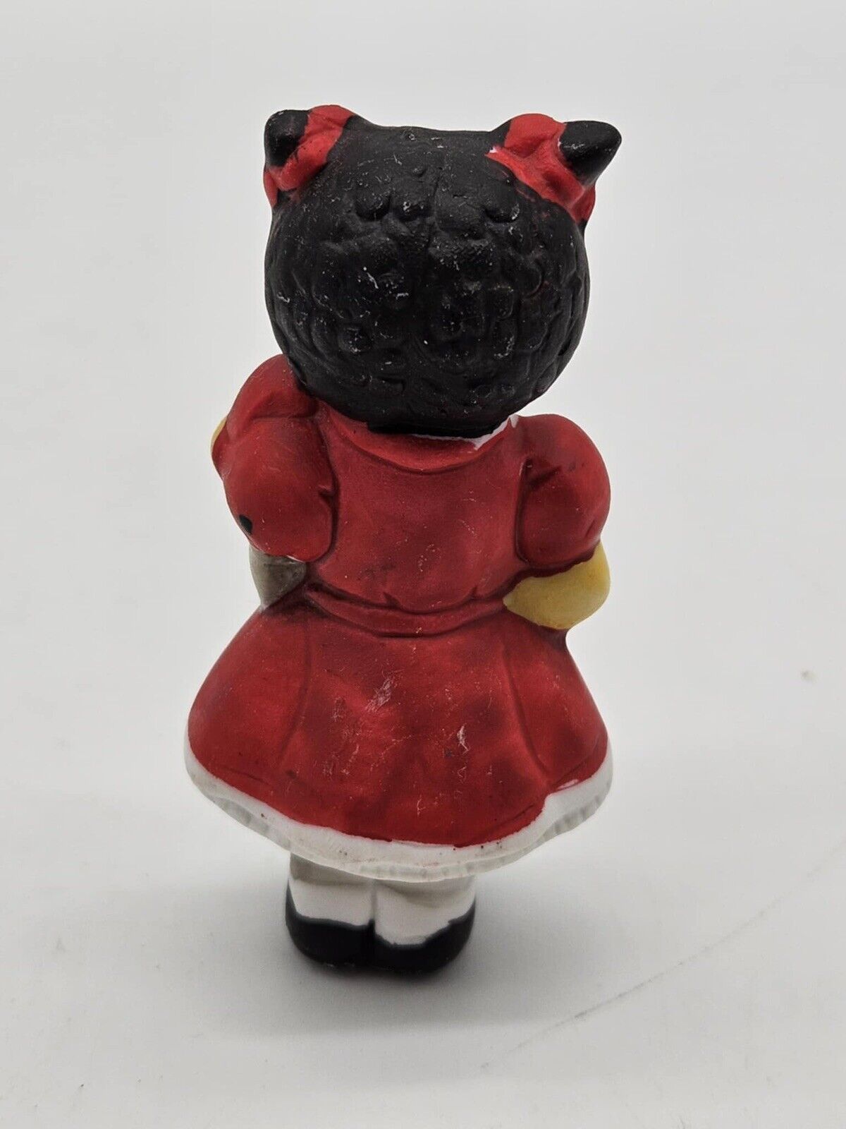 VINTAGE HAND PAINTED BISQUE GIRL HOLDING A TEDDY BEAR 3” ORNAMENT  (CB2985)