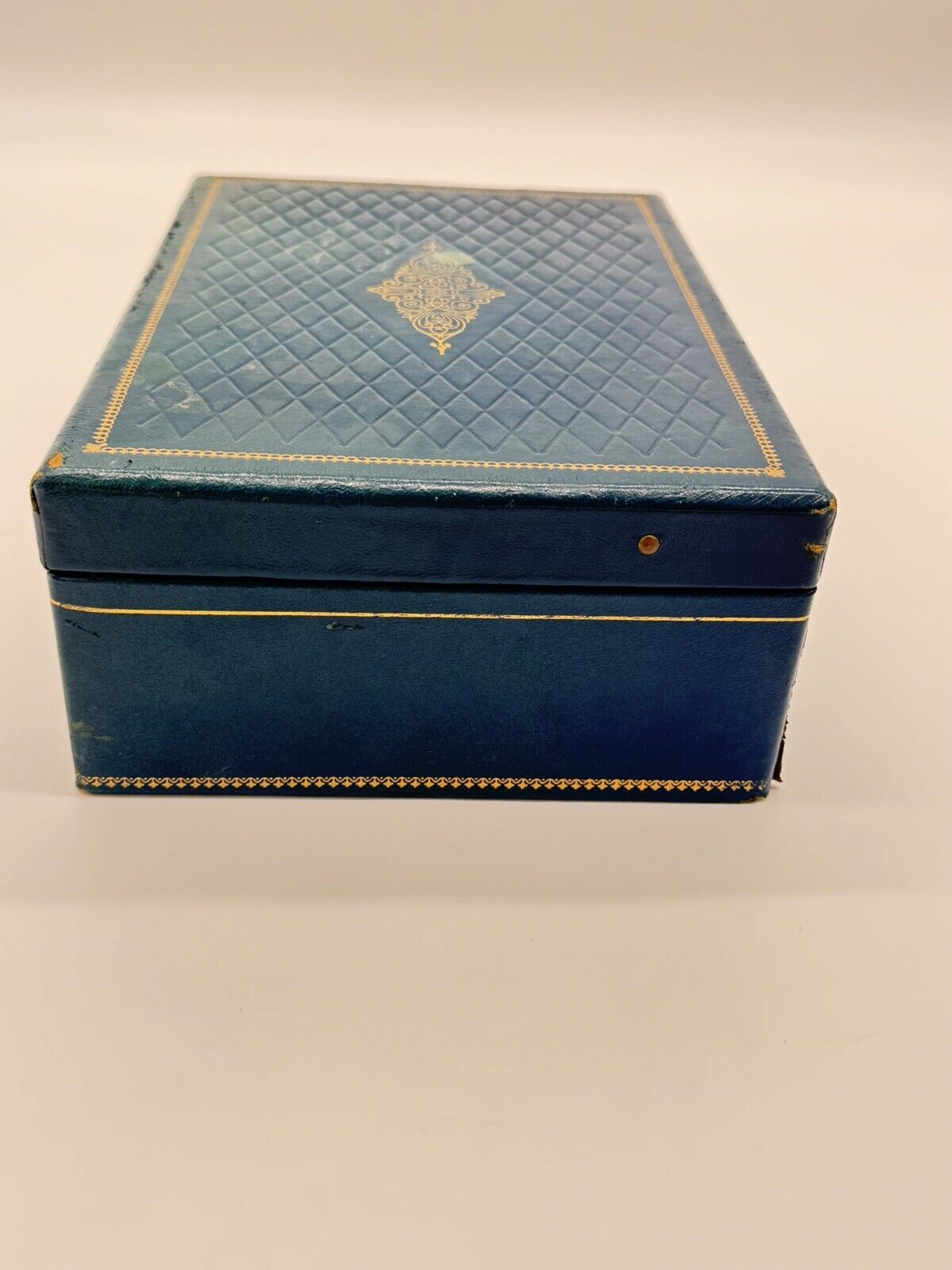 Blue Vintage Jewelry Box - Brass Latch - Leatherette Exterior - Velvet Interior